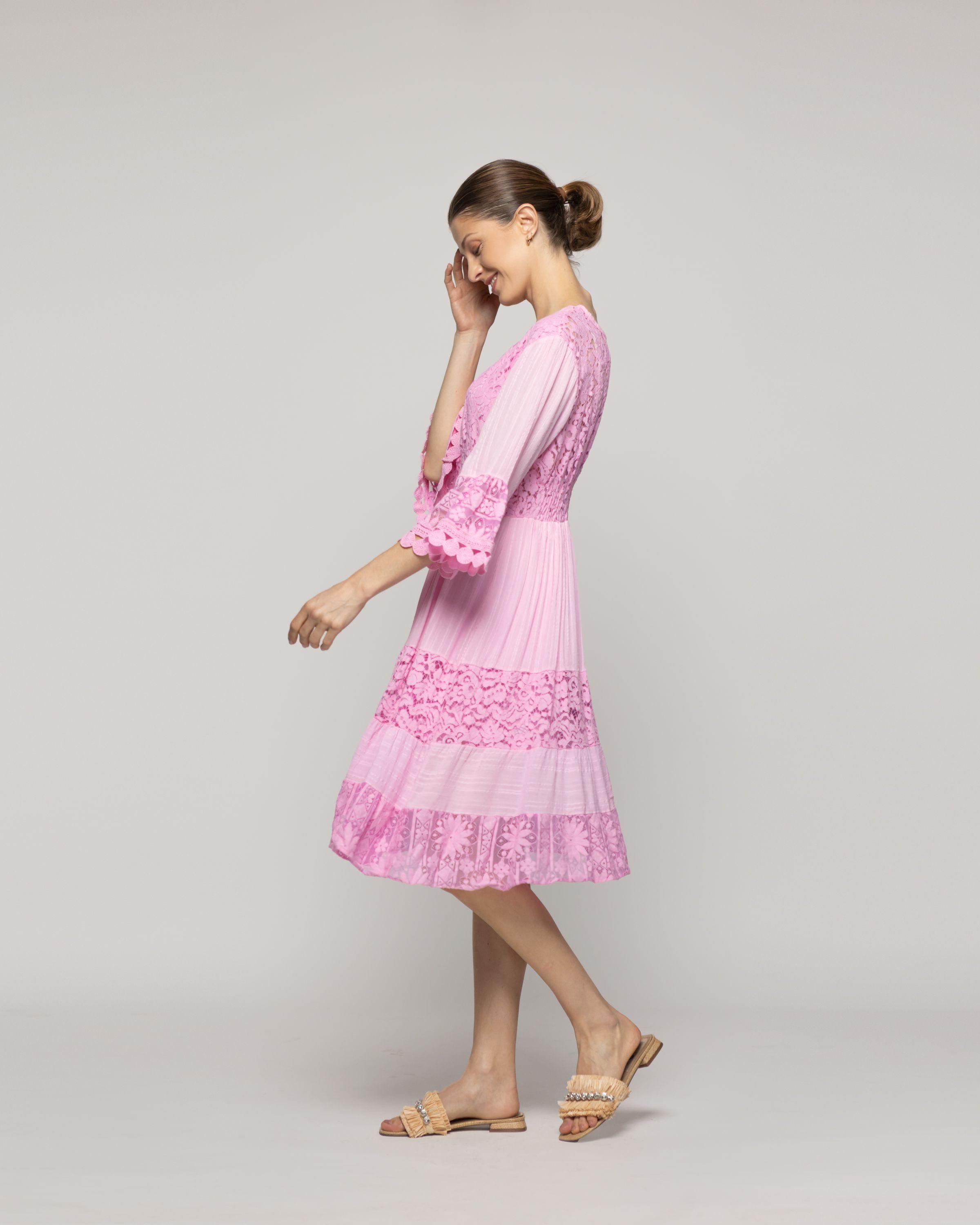 Vestido Mujer Vivi Largo Midi Con Adornos De Encaje Rosado Lineatre-4