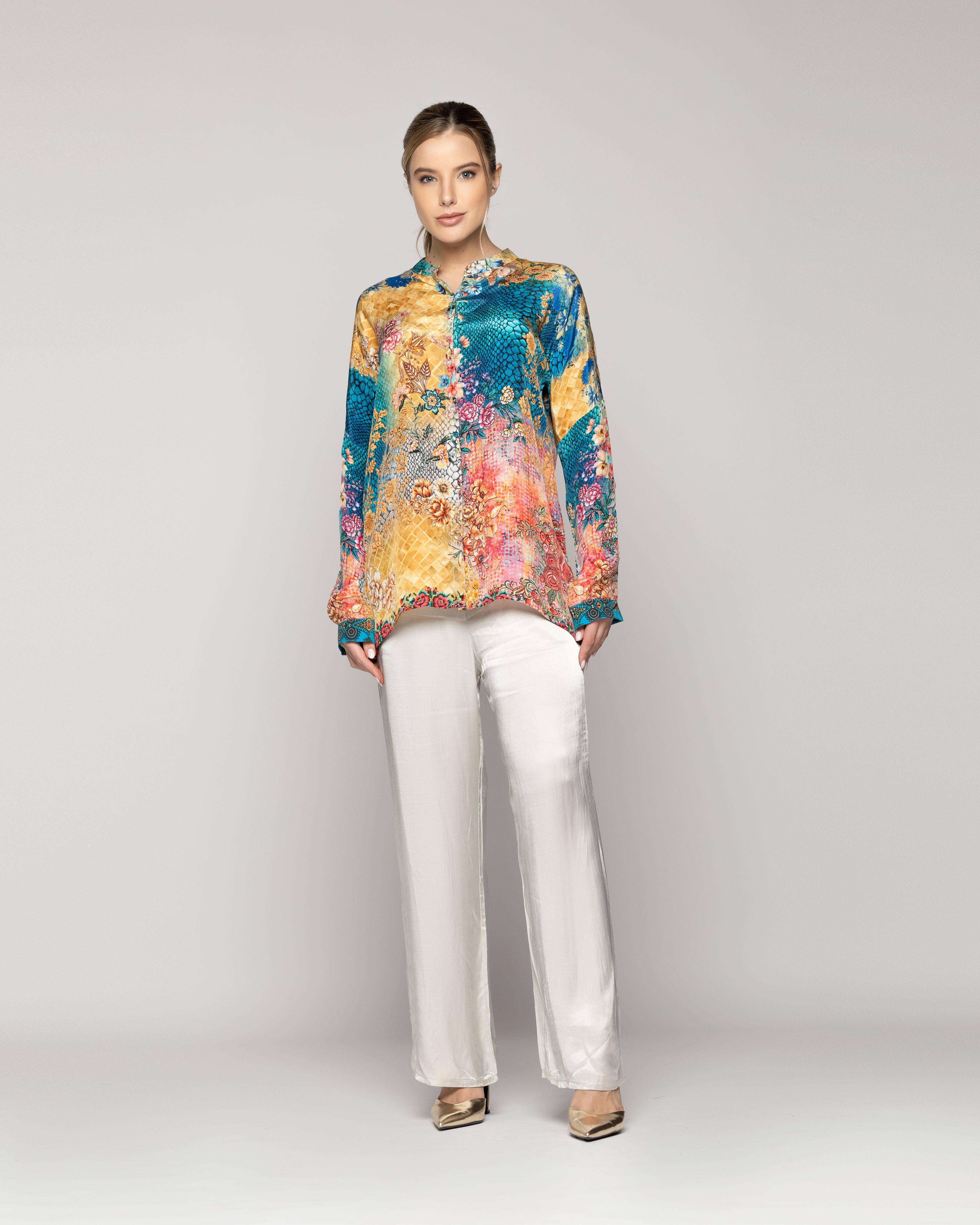Blusa Mujer Briela Cuello Mao Estampado Mixto Amarilla Lineatre-1
