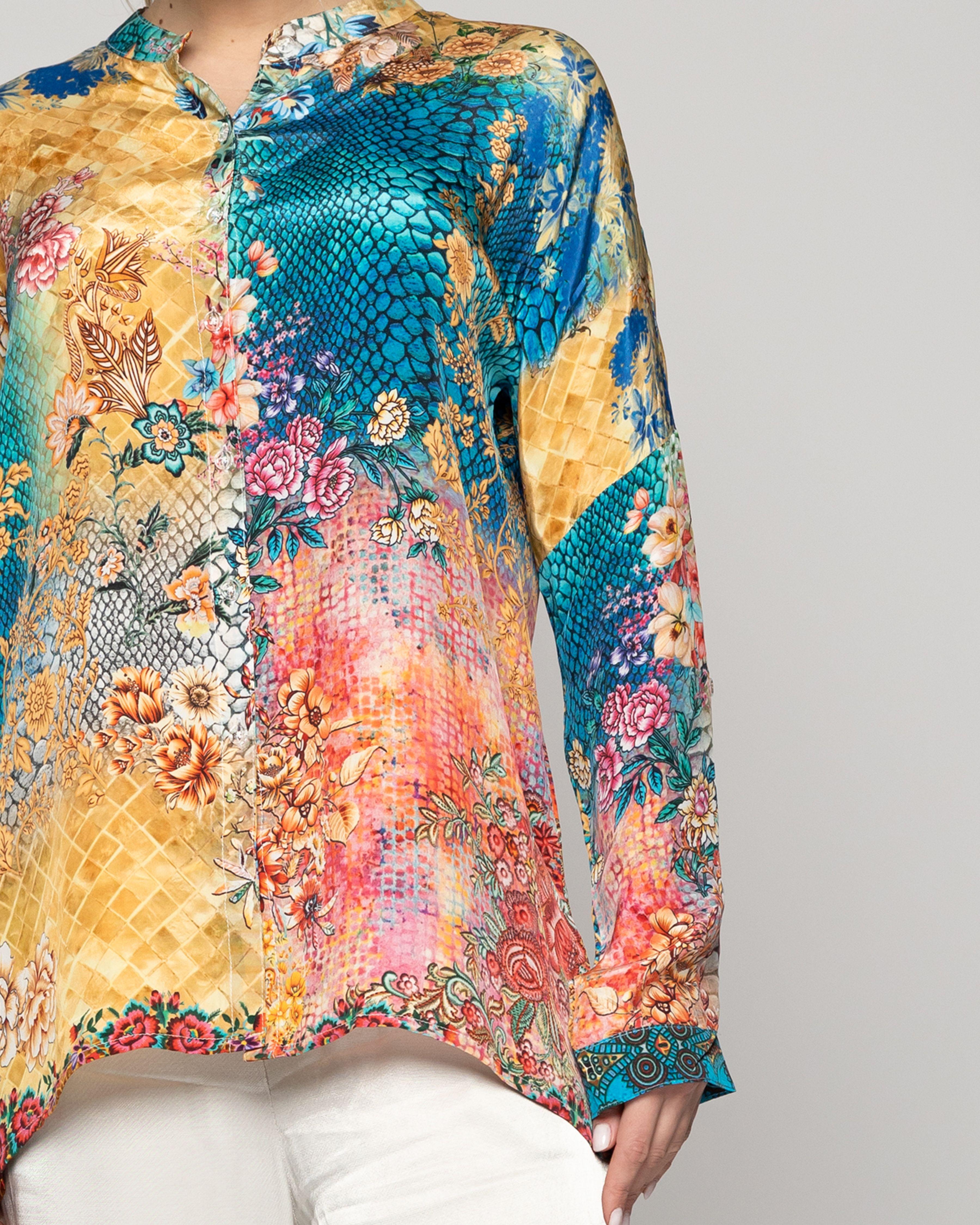 Blusa Mujer Briela Cuello Mao Estampado Mixto Amarilla Lineatre-2