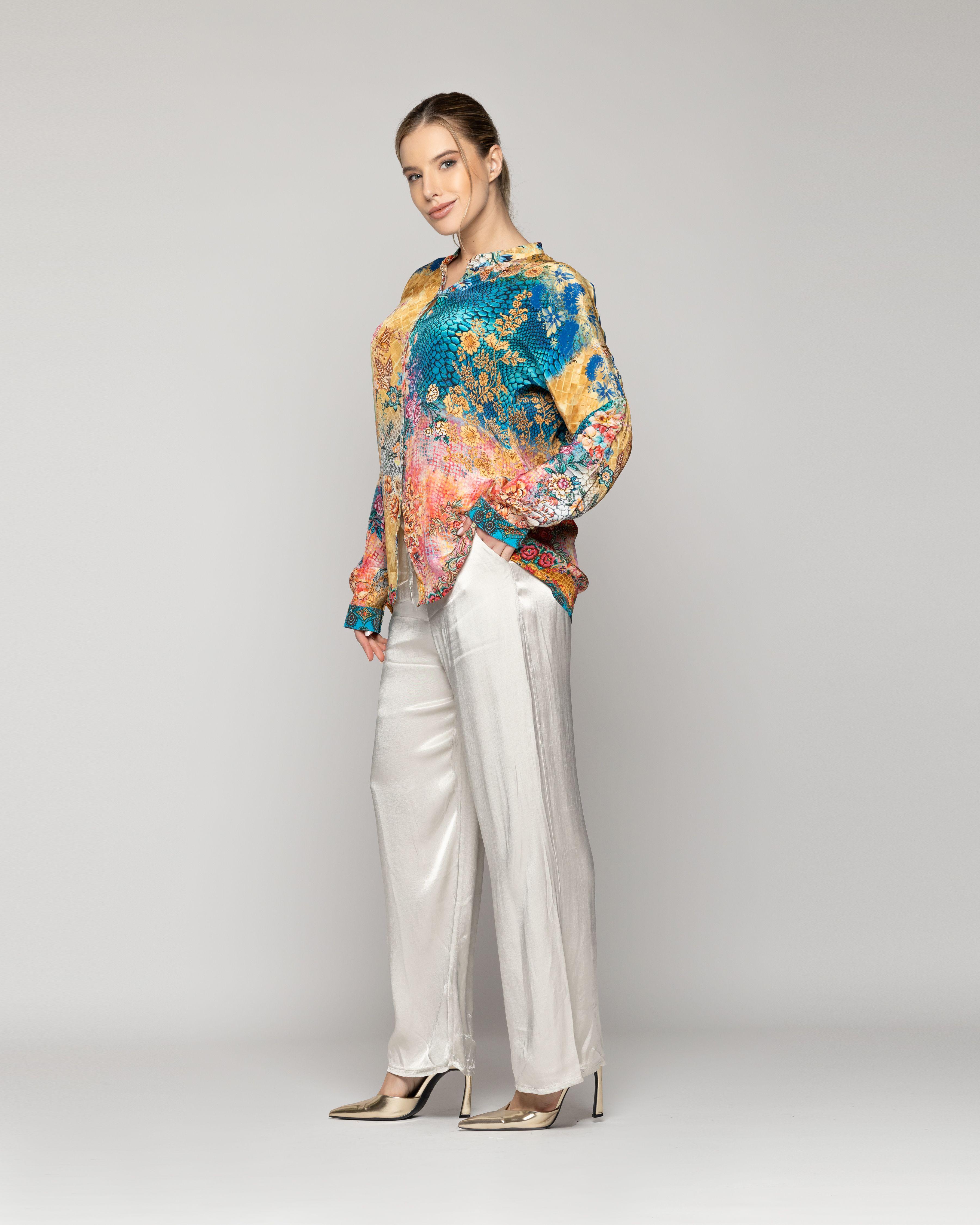 Blusa Mujer Briela Cuello Mao Estampado Mixto Amarilla Lineatre-4