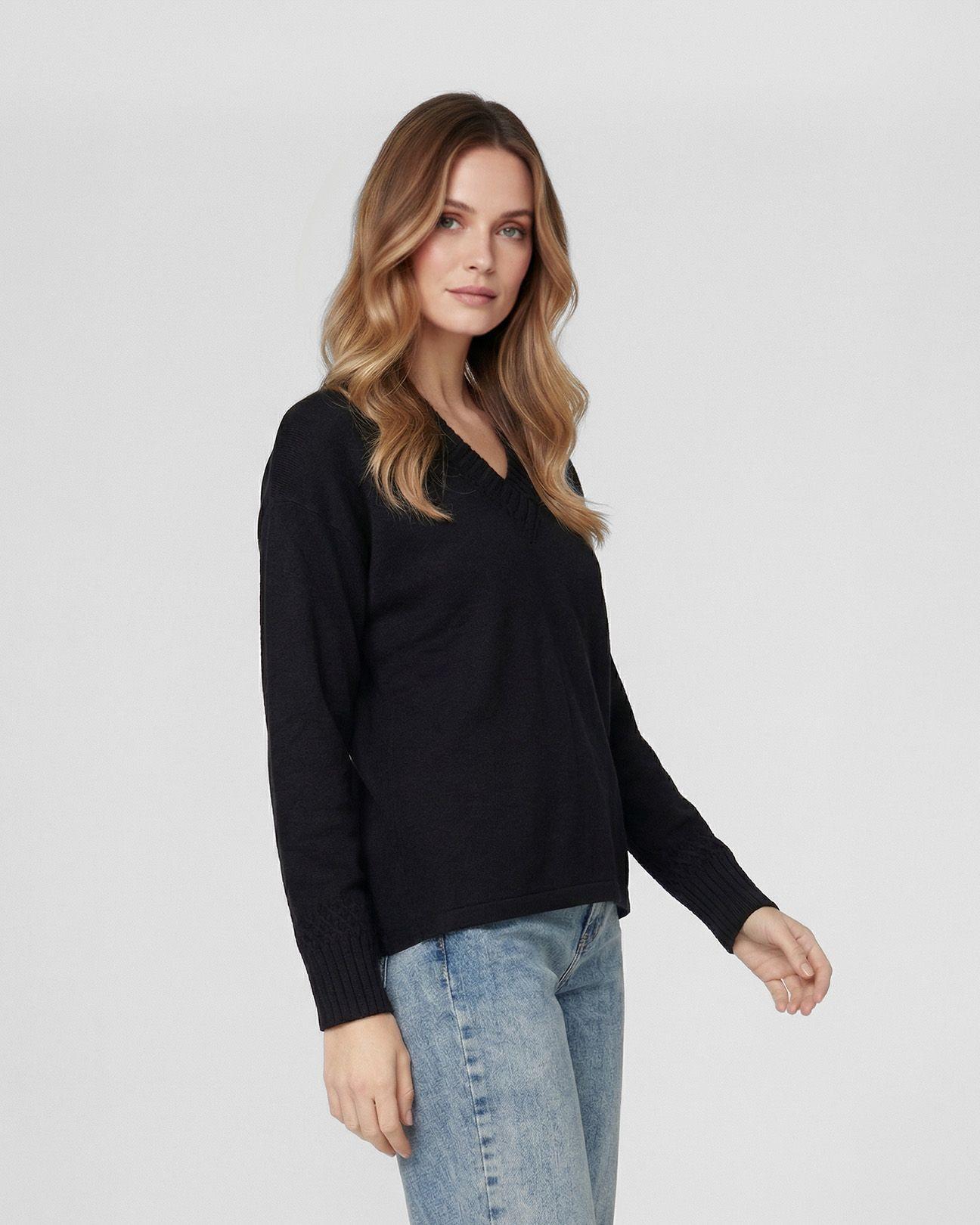 Sweater Mujer Giovanna Relaxed Cuello En V Manga Caída Negro Lineatre-0