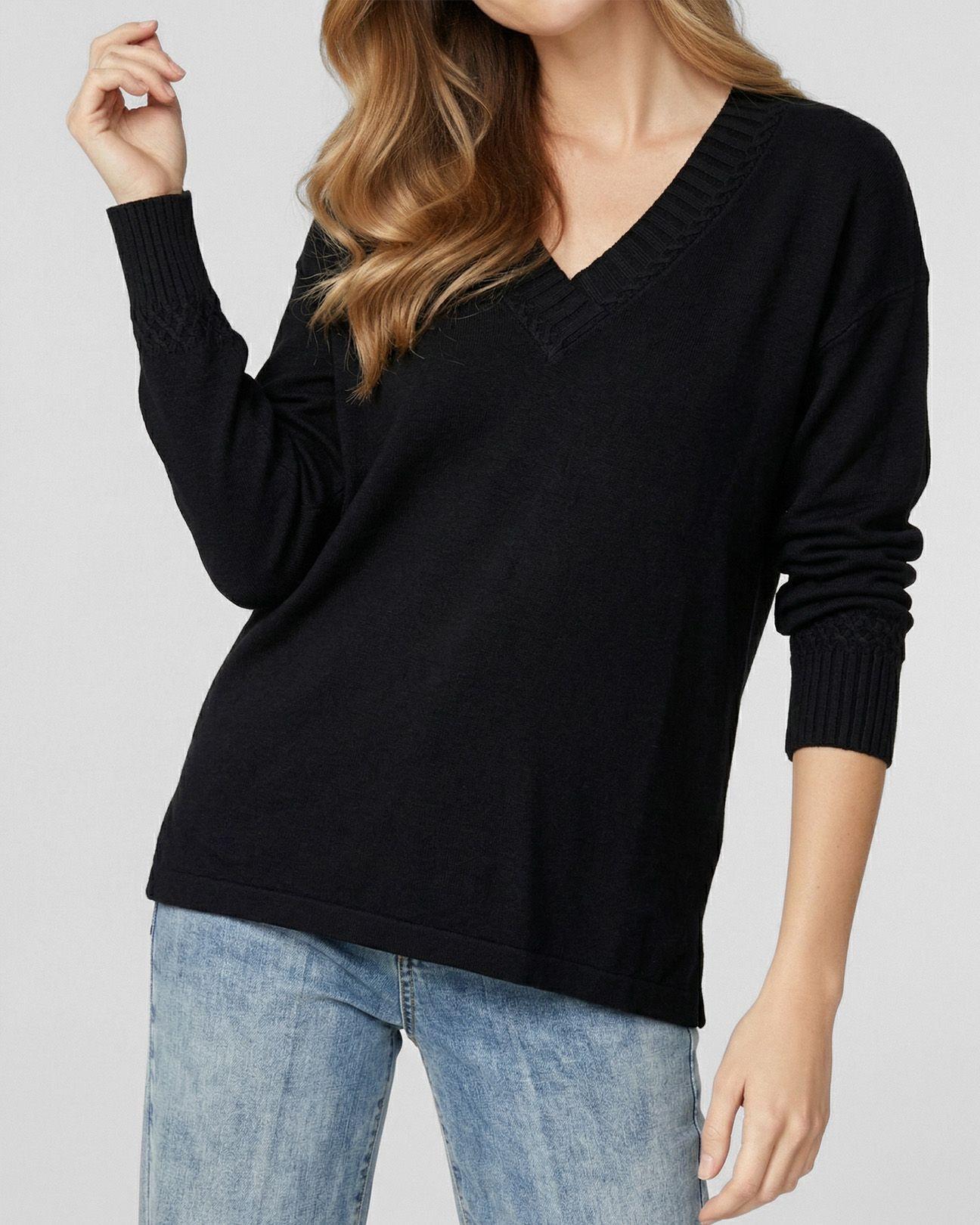 Sweater Mujer Giovanna Relaxed Cuello En V Manga Caída Negro Lineatre-2