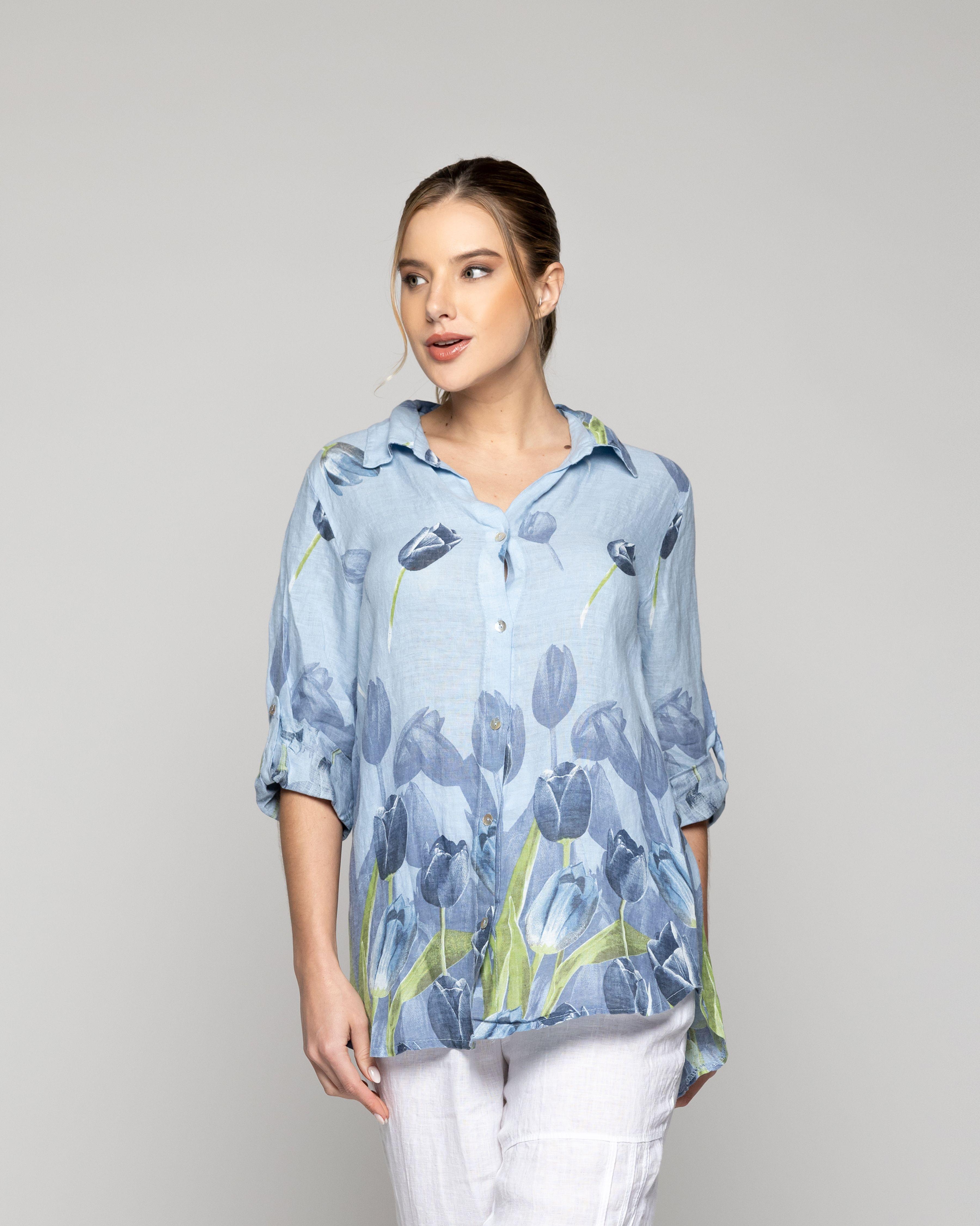 Blusa Mujer Baylee De Lino Con Tulipanes Azul Lineatre-0