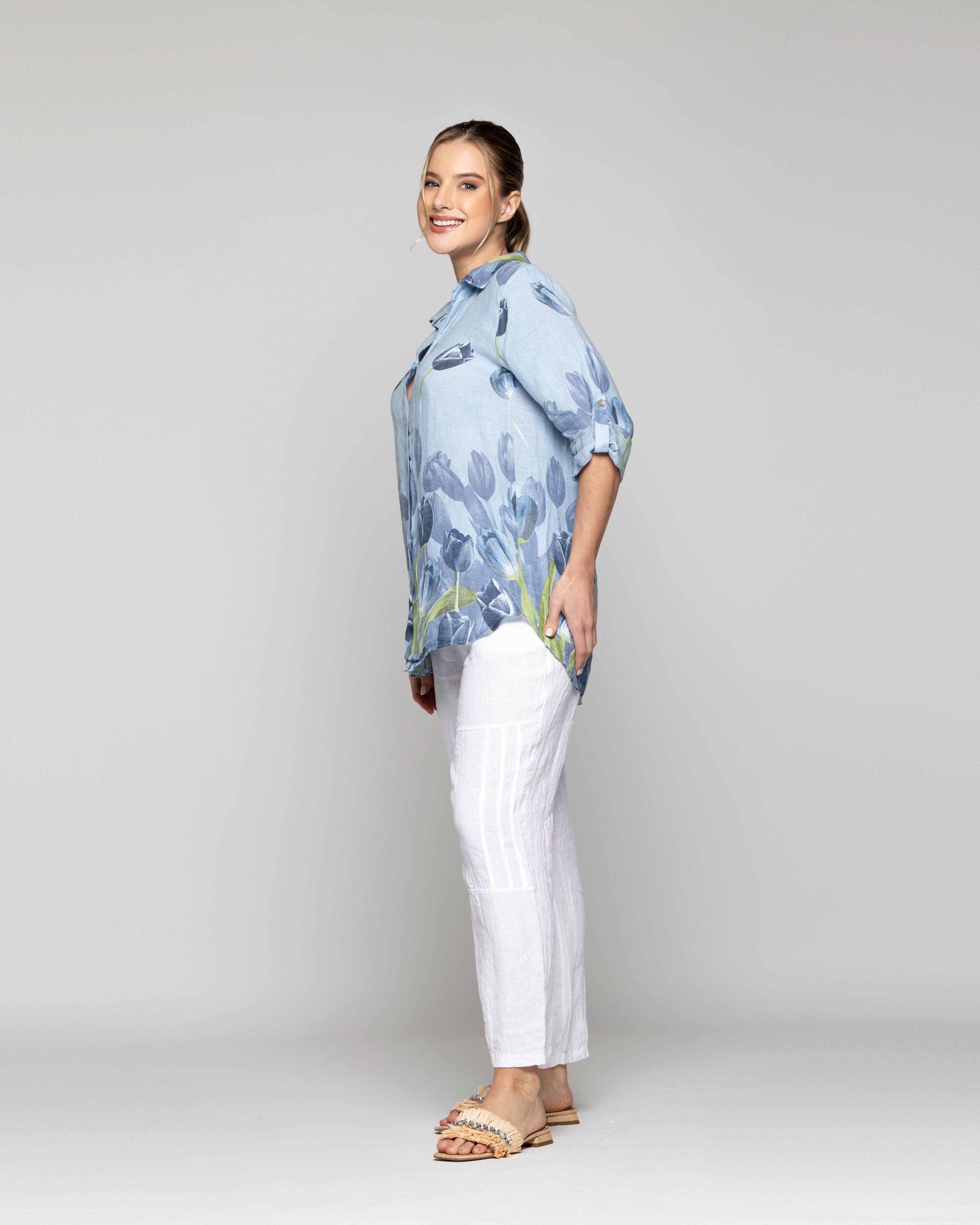 Blusa Mujer Baylee De Lino Con Tulipanes Azul Lineatre-1