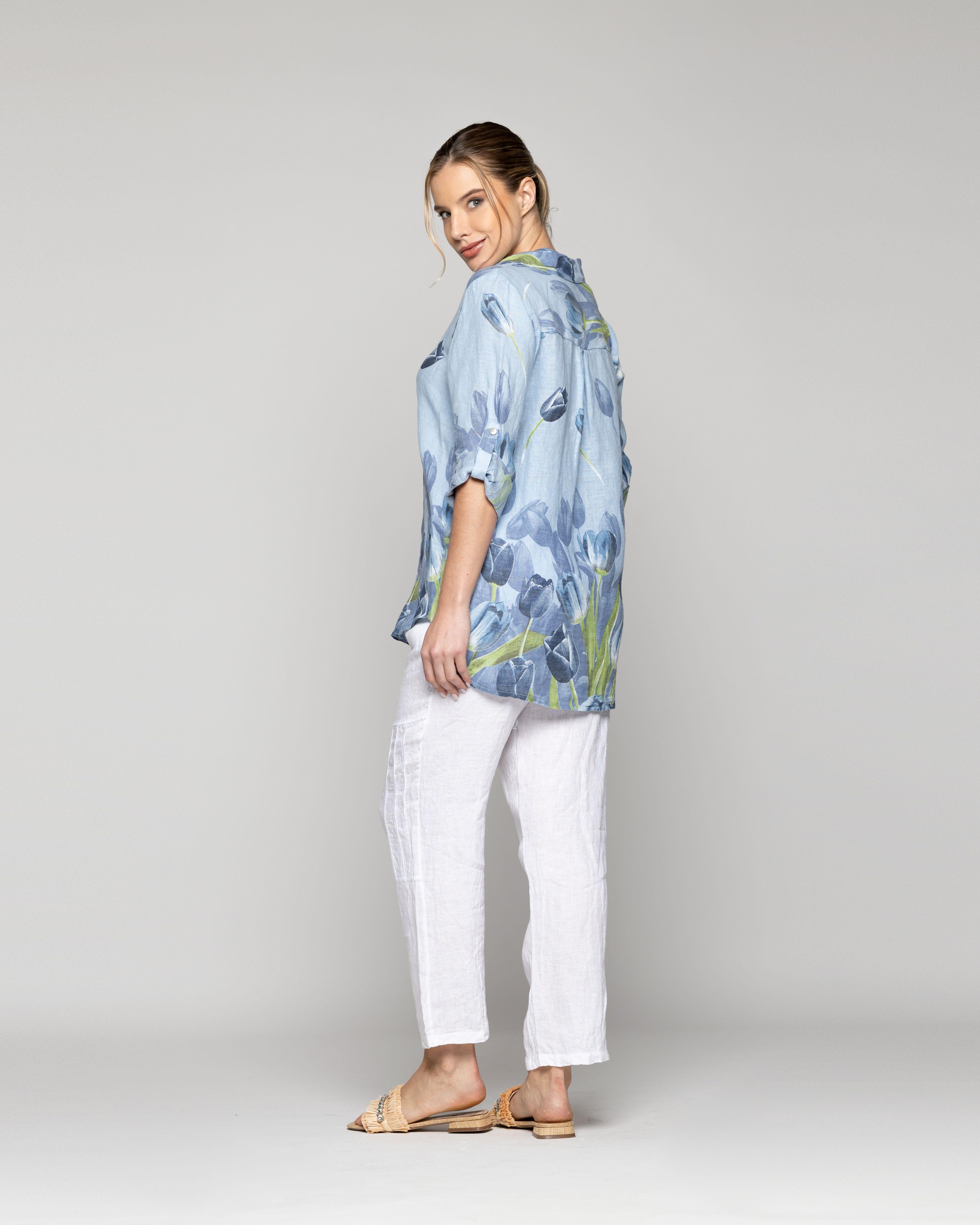 Blusa Mujer Baylee De Lino Con Tulipanes Azul Lineatre-3