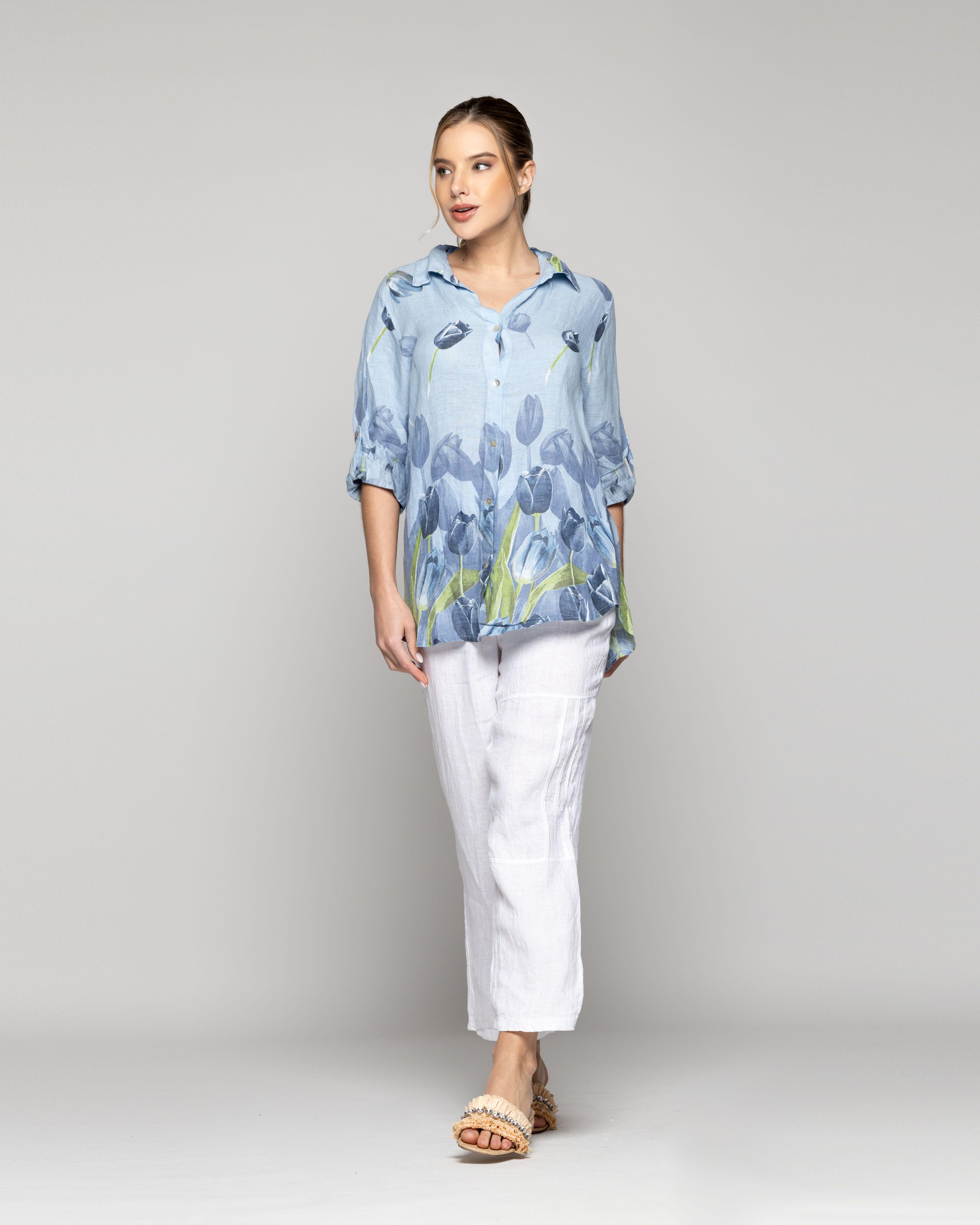 Blusa Mujer Baylee De Lino Con Tulipanes Azul Lineatre-4