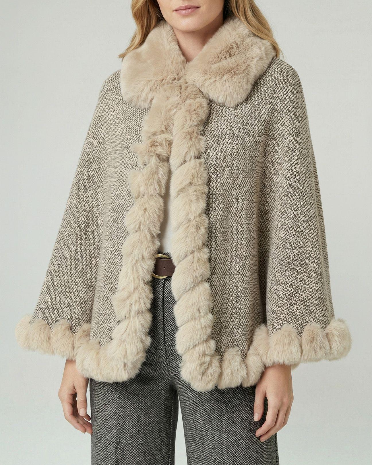 Poncho Mujer Lidia Overside Cuello Tipo Kimono  Manga Tipo Poncho Beige Lineatre-1