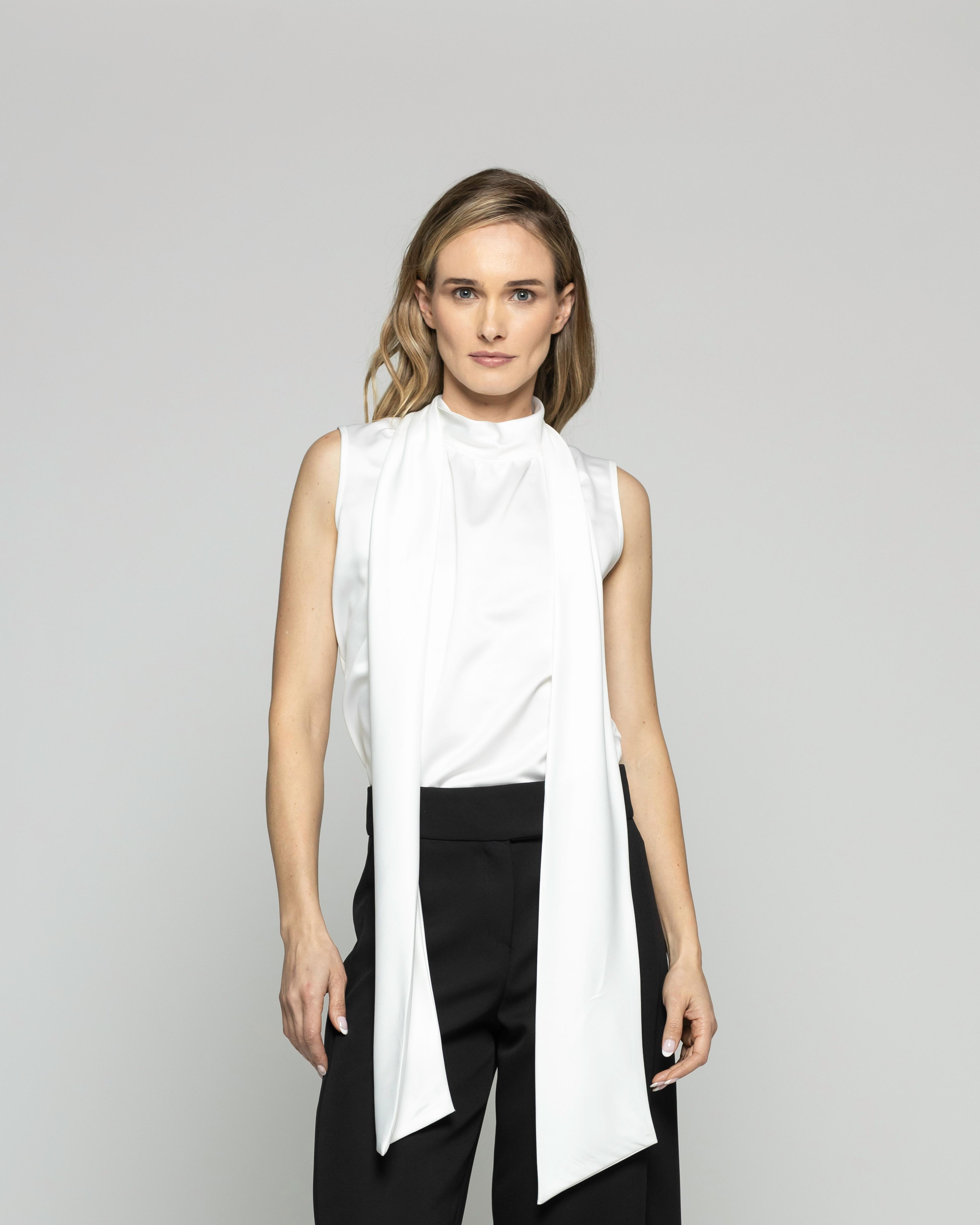 Blusa Mujer Gazania Sin Mangas Lazo Pañuelo Liso Blanco Crudo Ludovica-2