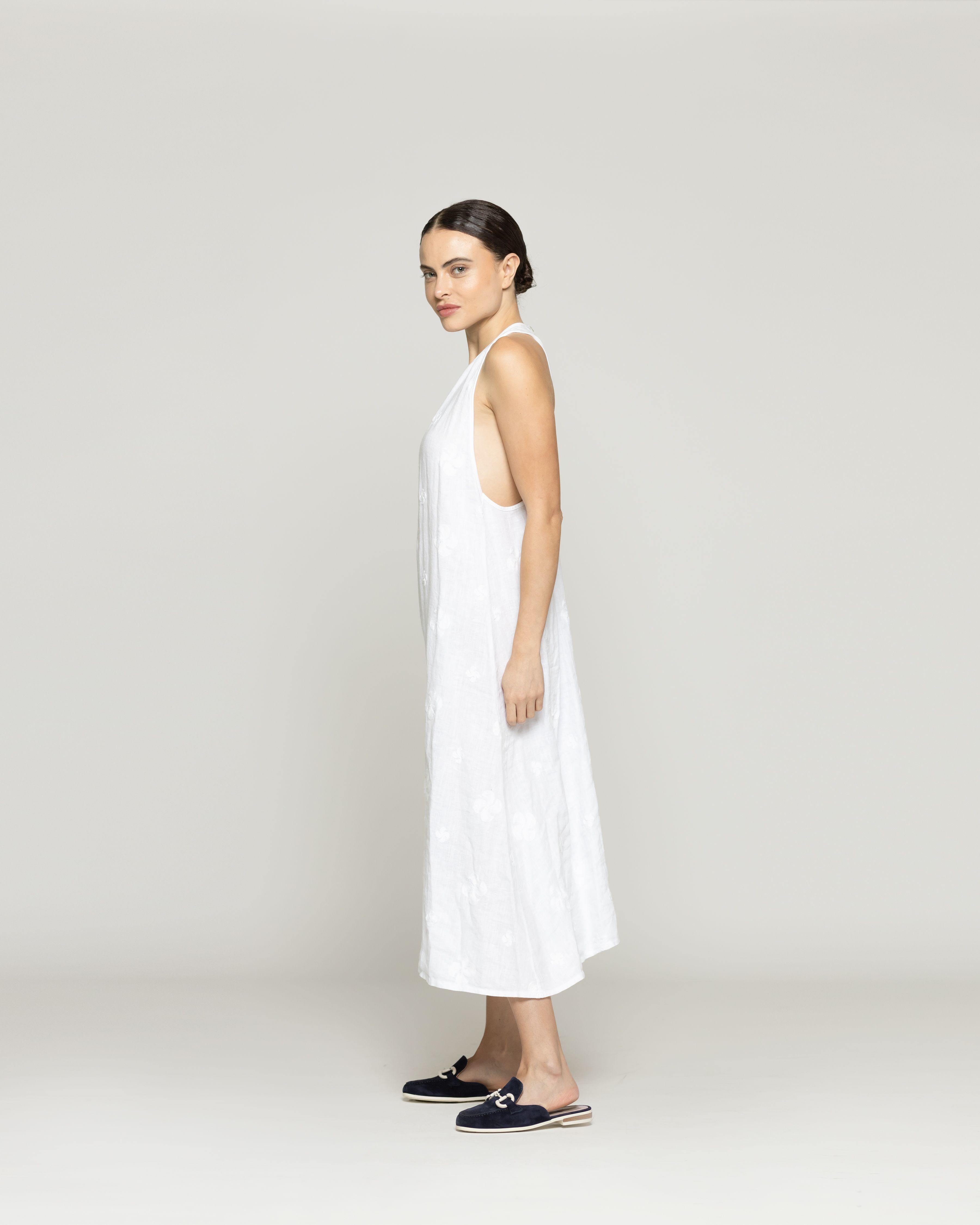 Vestido Mujer Valeria Lino Bordado Escote Halter Blanco Lineatre-1