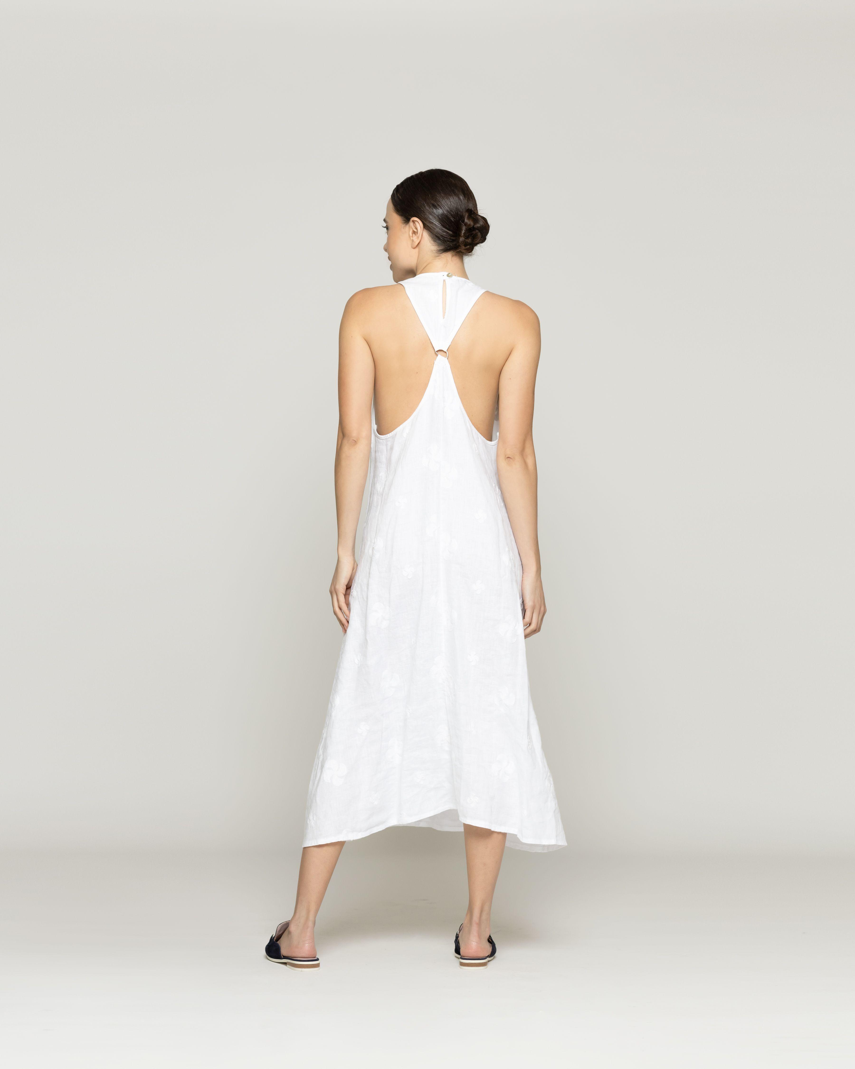 Vestido Mujer Valeria Lino Bordado Escote Halter Blanco Lineatre-3