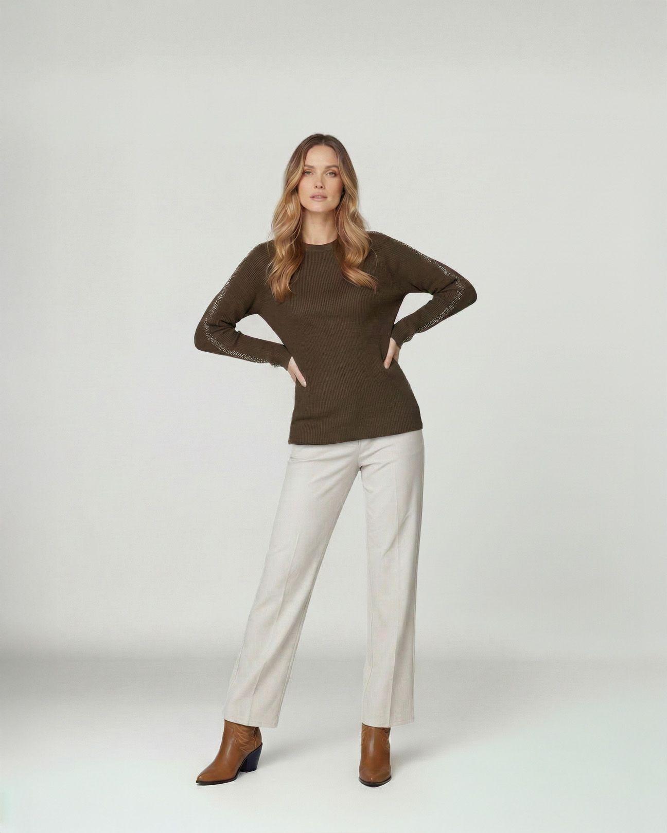 Sweater Mujer Giuliana Slim Fit Cuello Redondo Manga Caída Chocolate Lineatre-3