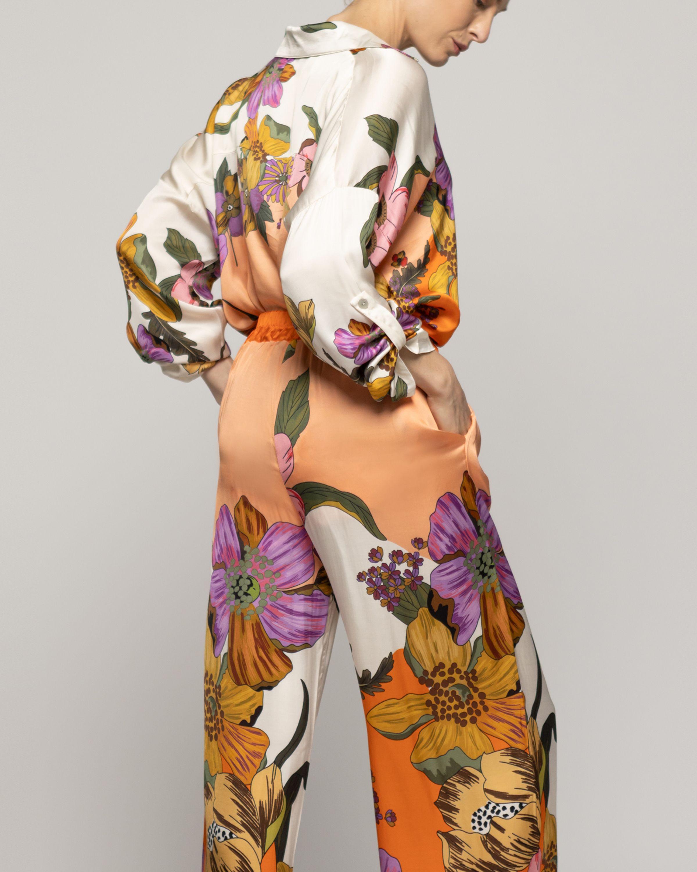 Pantalón Mujer Brenna Satinado Estampado Flores Naranja Lineatre-3