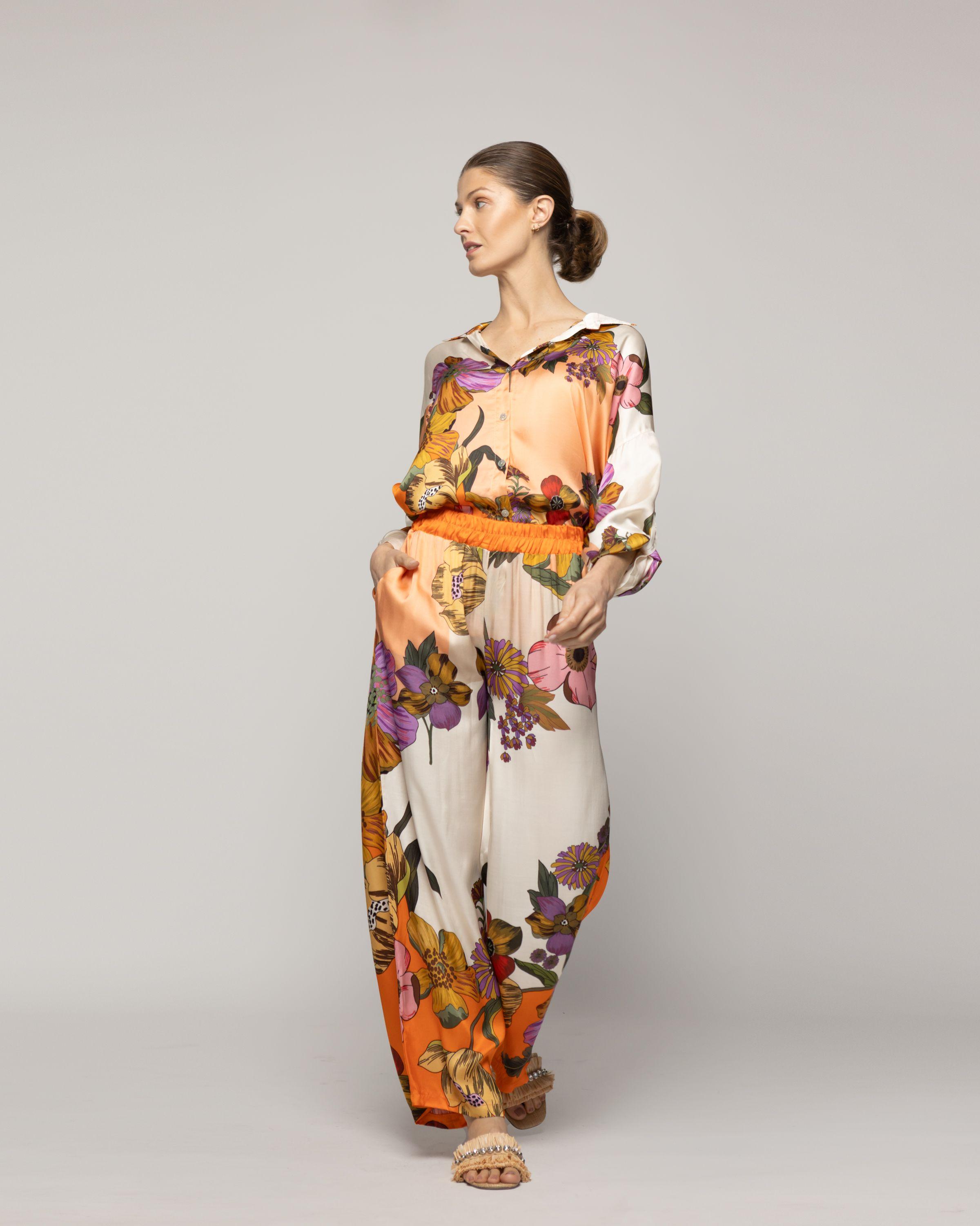 Pantalón Mujer Brenna Satinado Estampado Flores Naranja Lineatre-4
