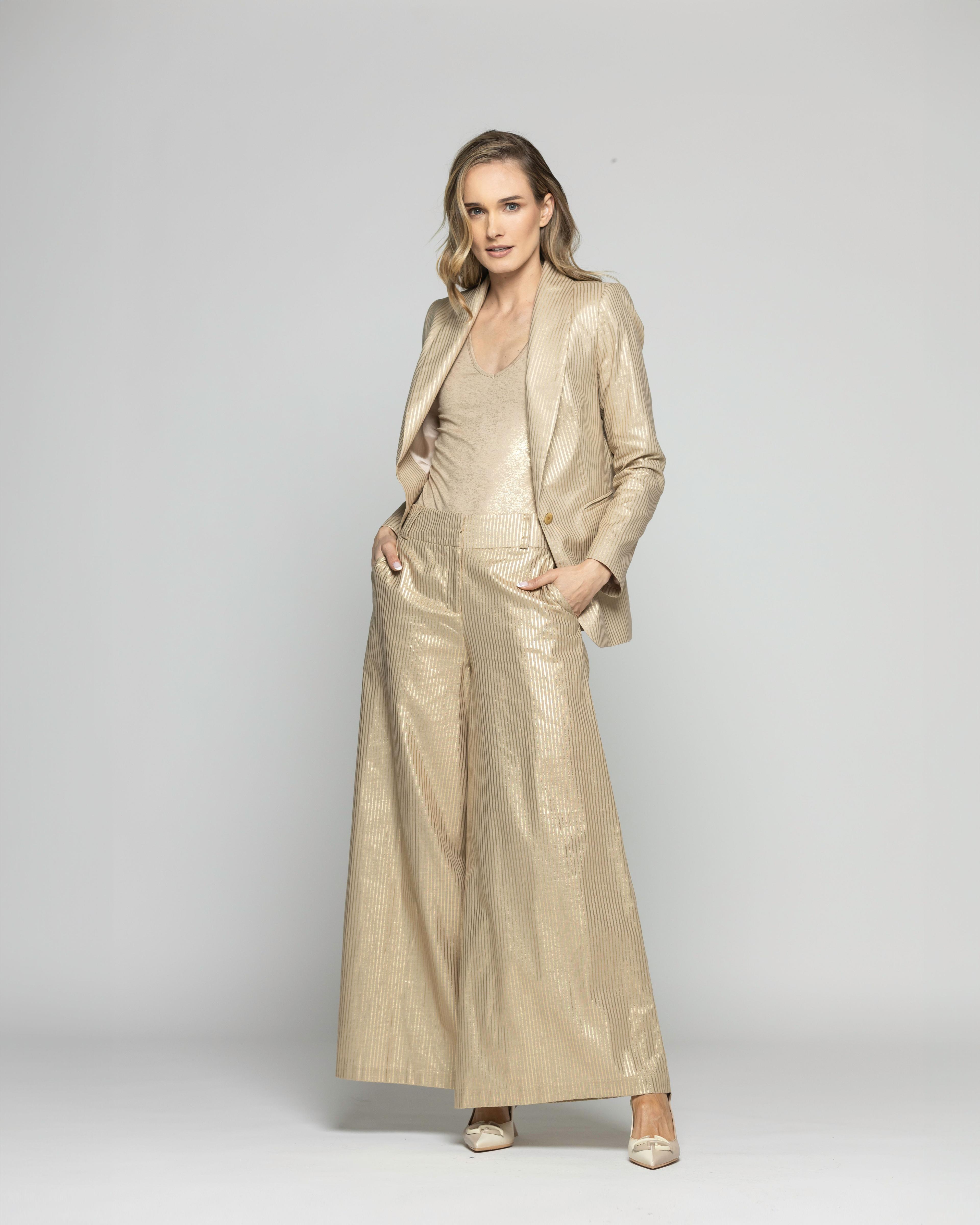 Blazer Mujer Iris Largo Clásico Algodón Folia Beige Ludovica-0