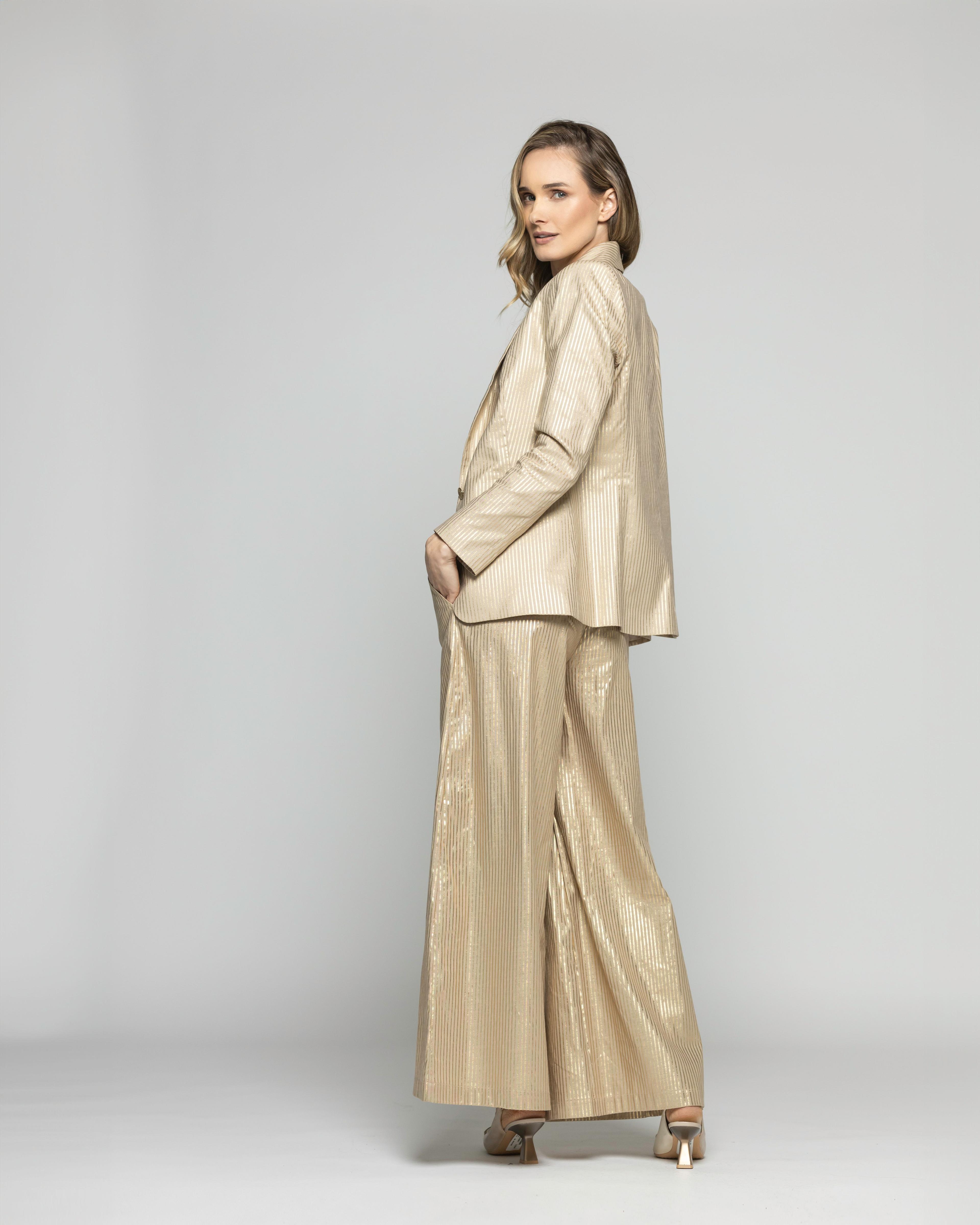 Blazer Mujer Iris Largo Clásico Algodón Folia Beige Ludovica-4