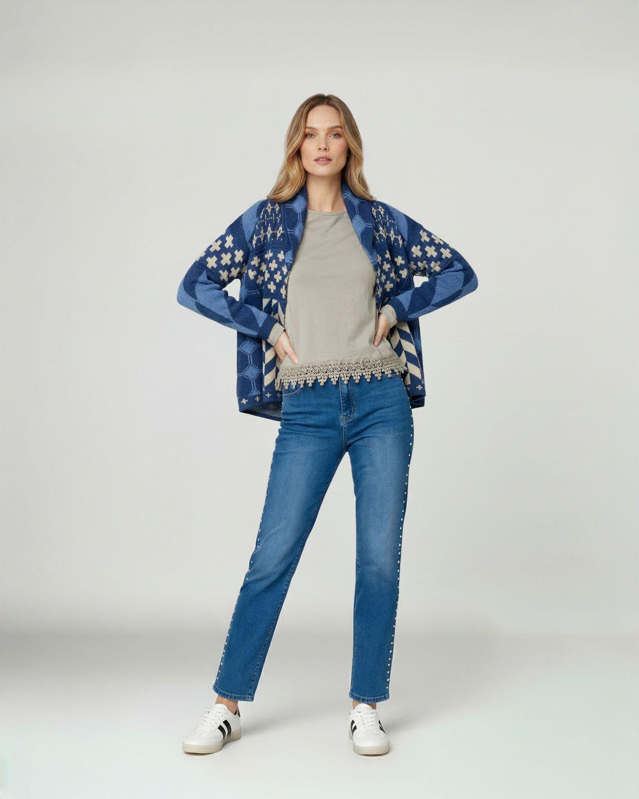 Cardigan Mujer Luciana Relaxed Cuello En V Manga Suelta Jeans Lineatre-3
