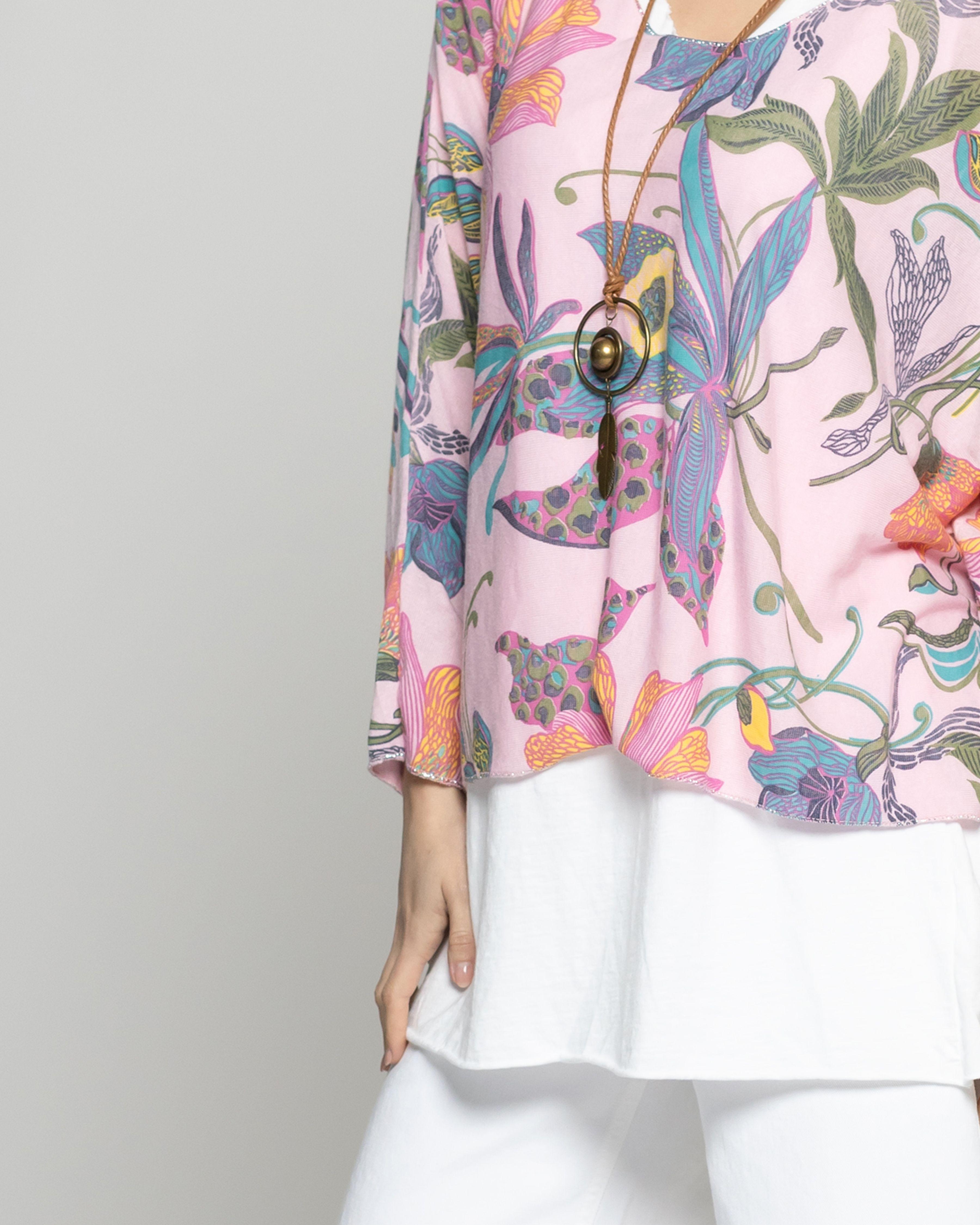 Polera Mujer Oriana Estampado Botánico Tropical Rosada Lineatre-2