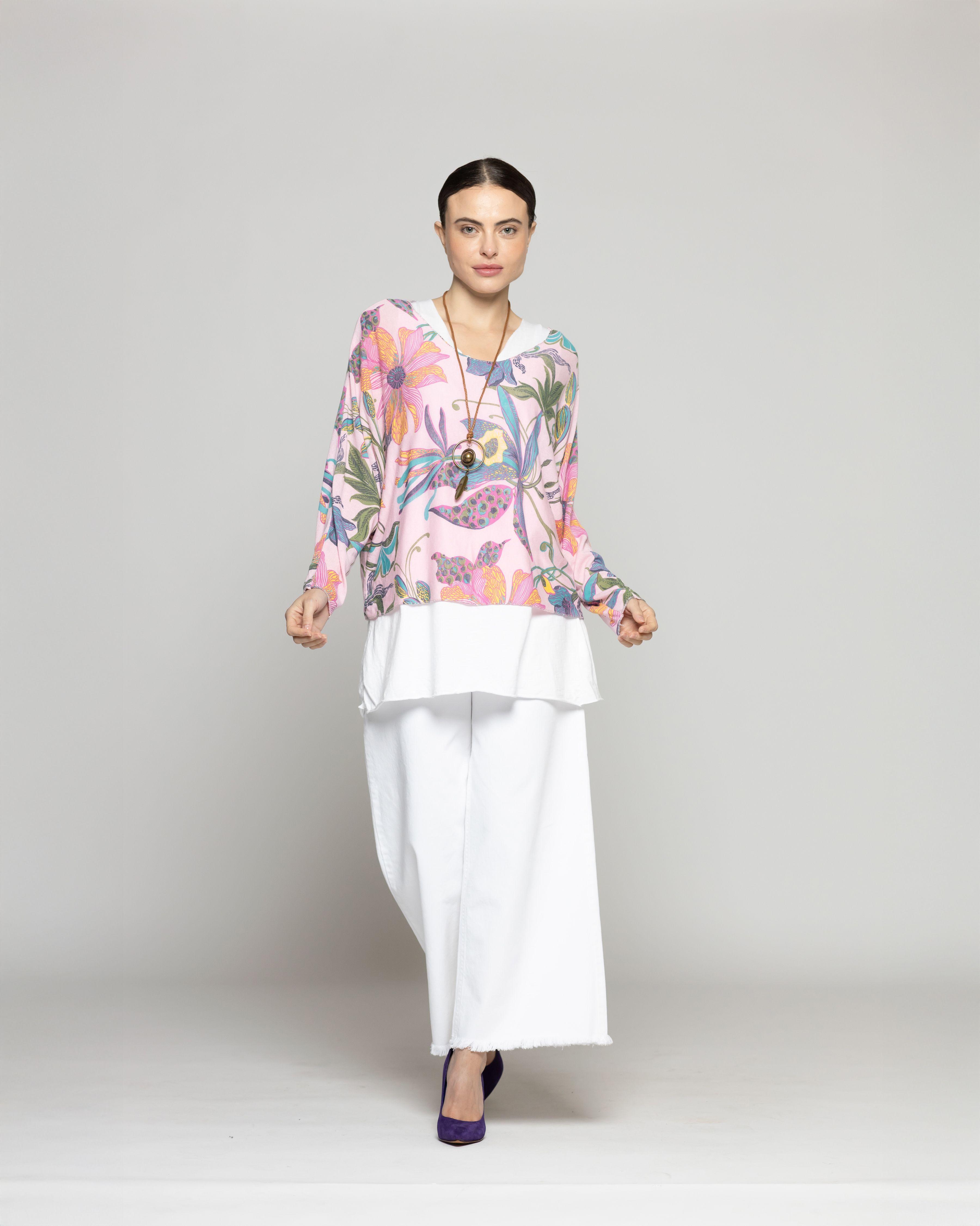 Polera Mujer Oriana Estampado Botánico Tropical Rosada Lineatre-4