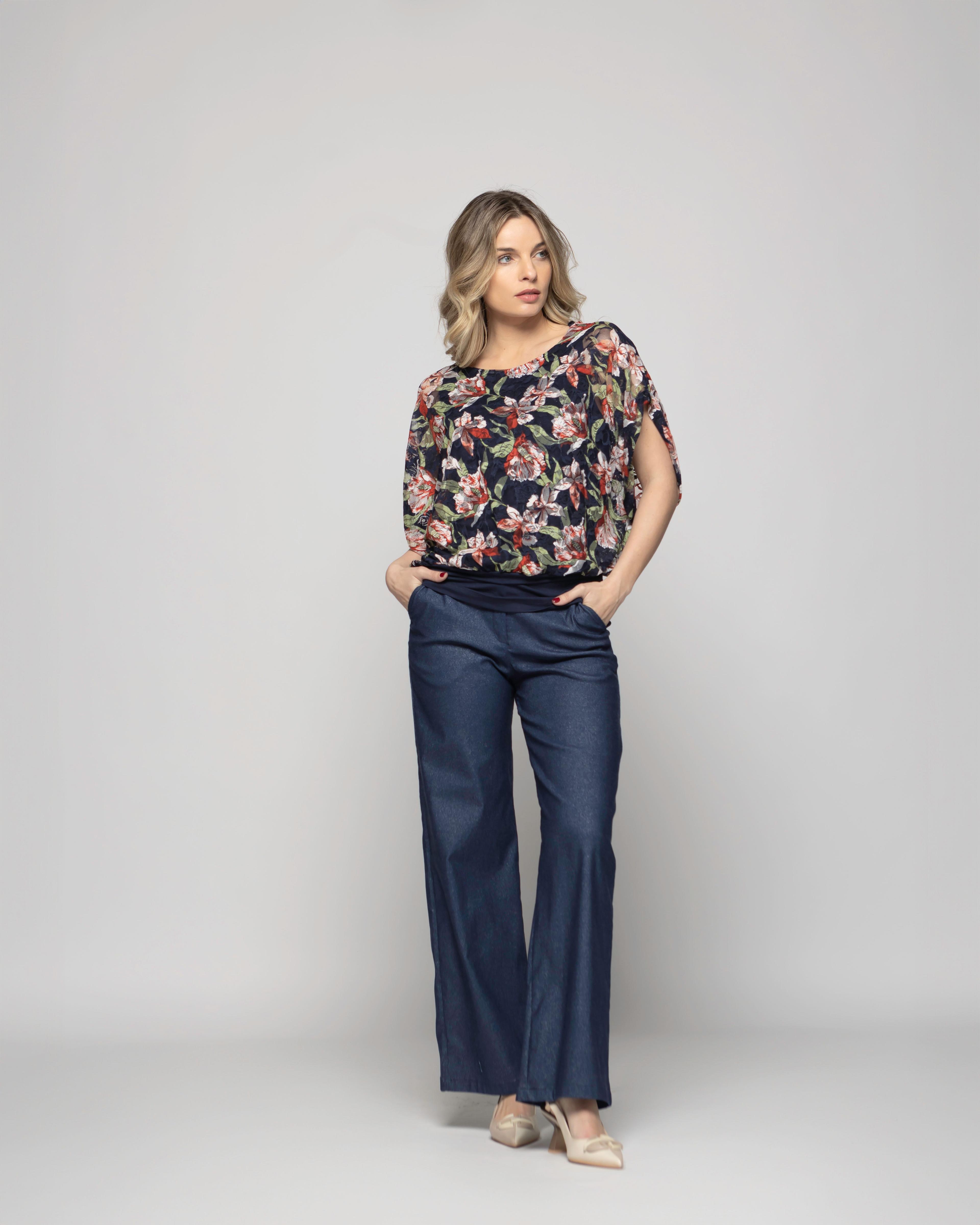 Polera Nigella Manga Caída Encaje Floral Azul Ludovica-0