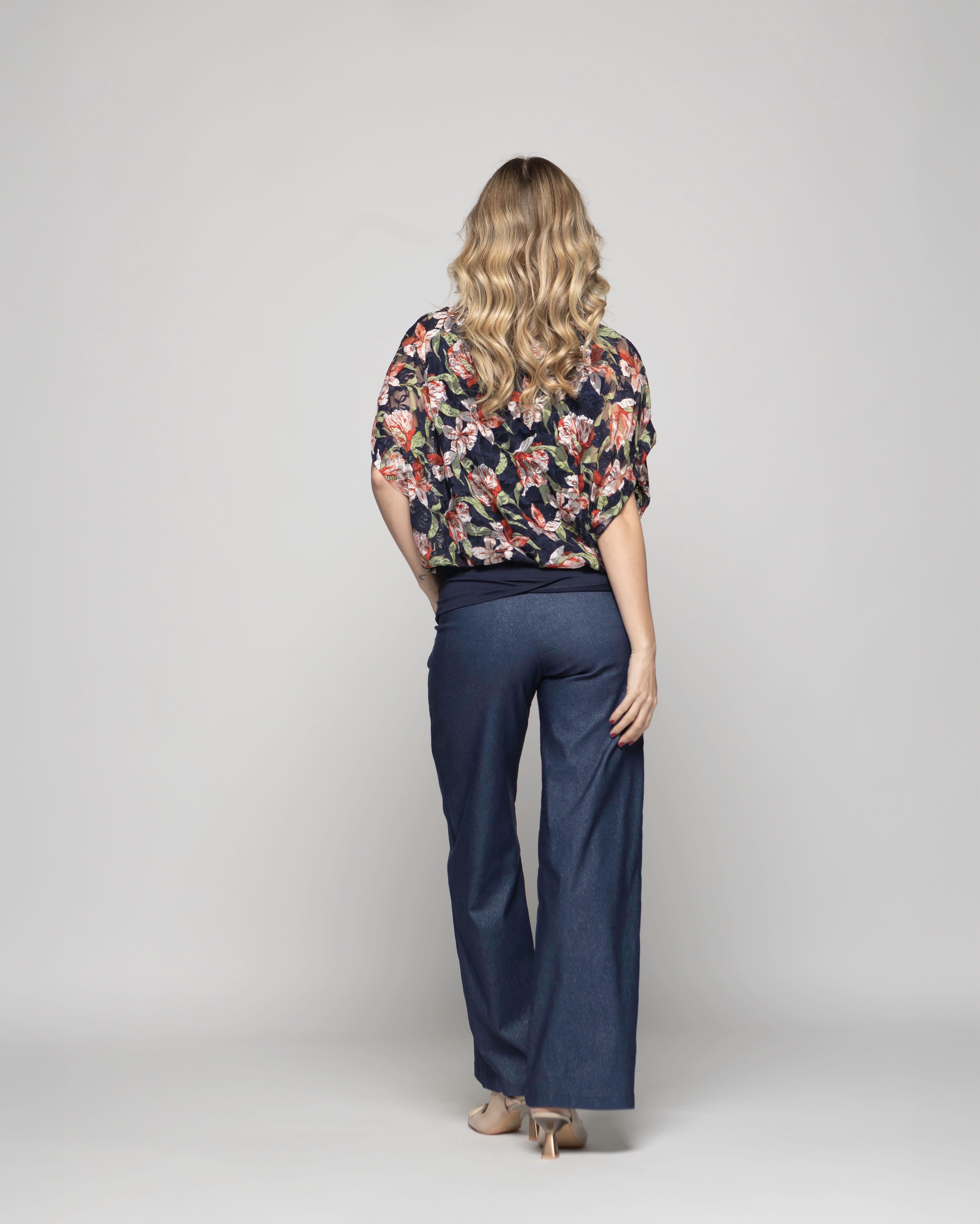 Polera Nigella Manga Caída Encaje Floral Azul Ludovica-2