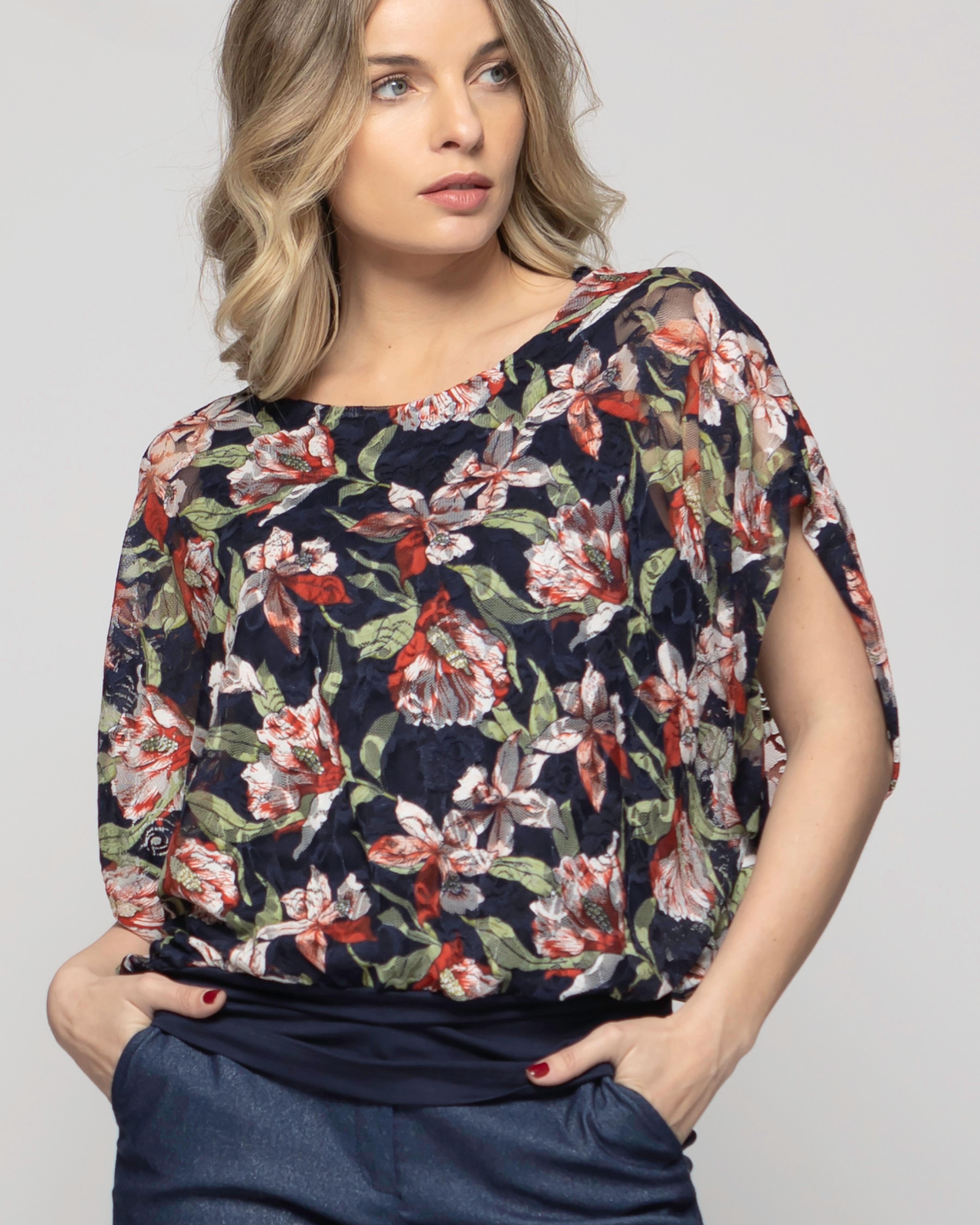 Polera Nigella Manga Caída Encaje Floral Azul Ludovica-3