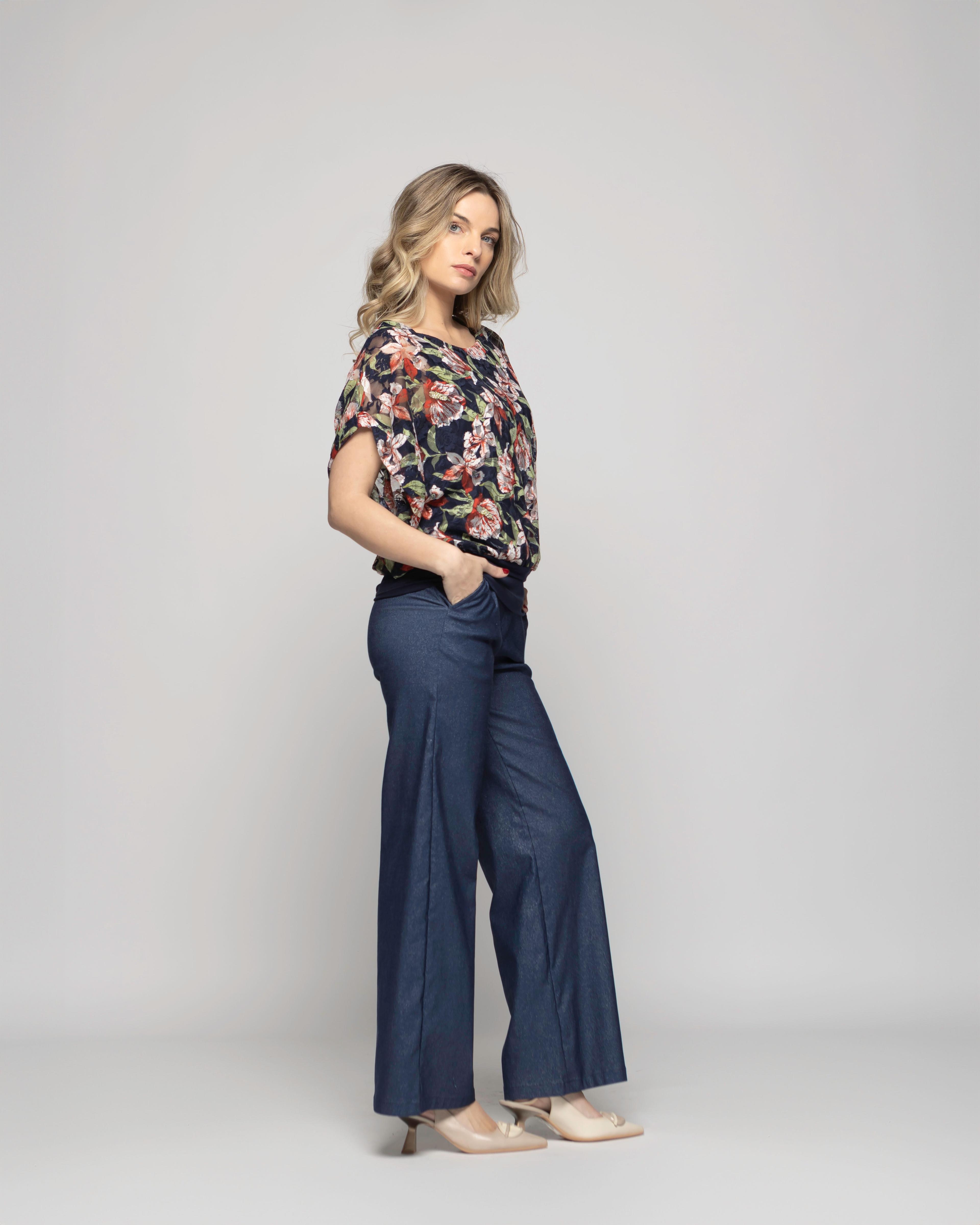 Polera Nigella Manga Caída Encaje Floral Azul Ludovica-4