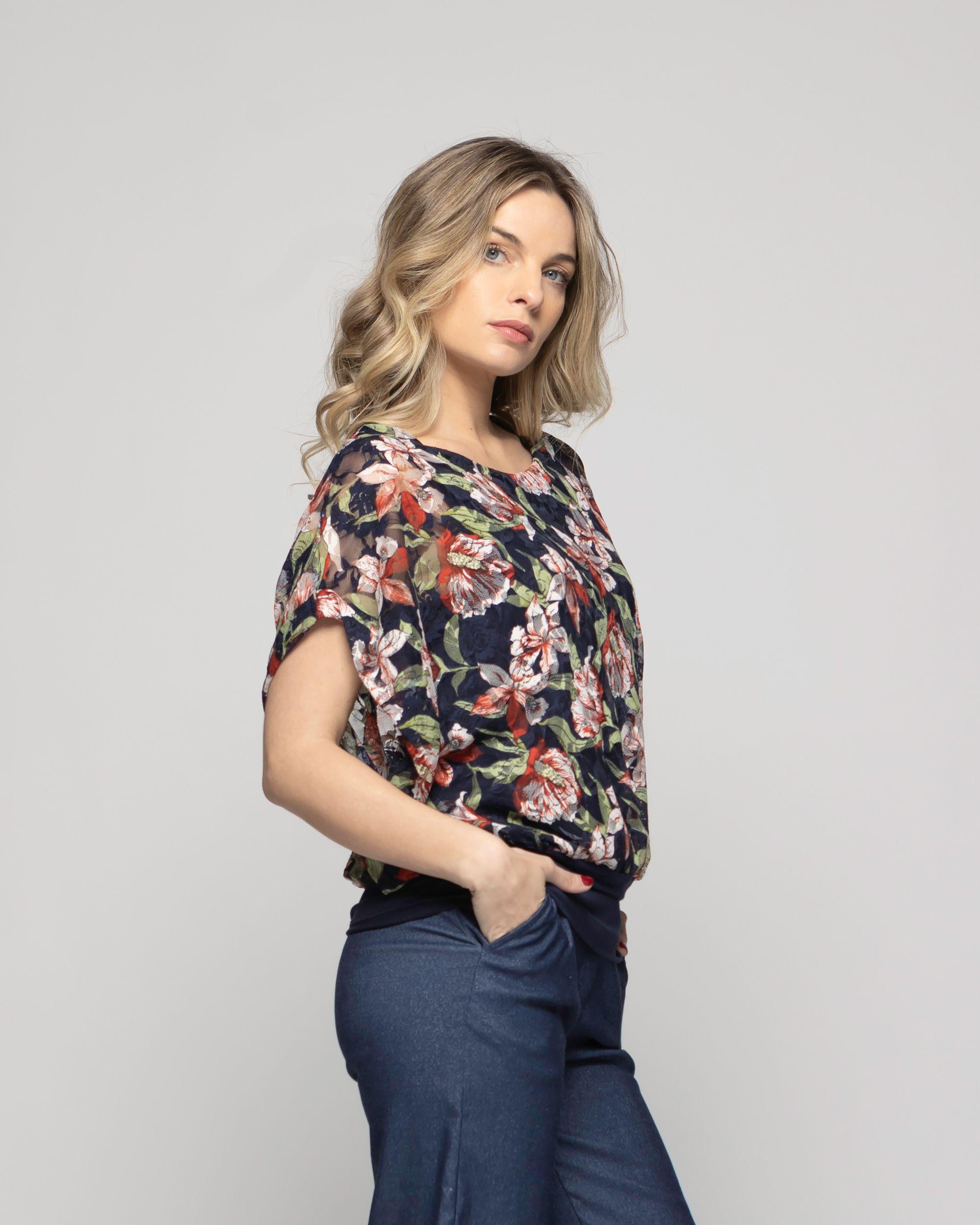 Polera Nigella Manga Caída Encaje Floral Azul Ludovica-3