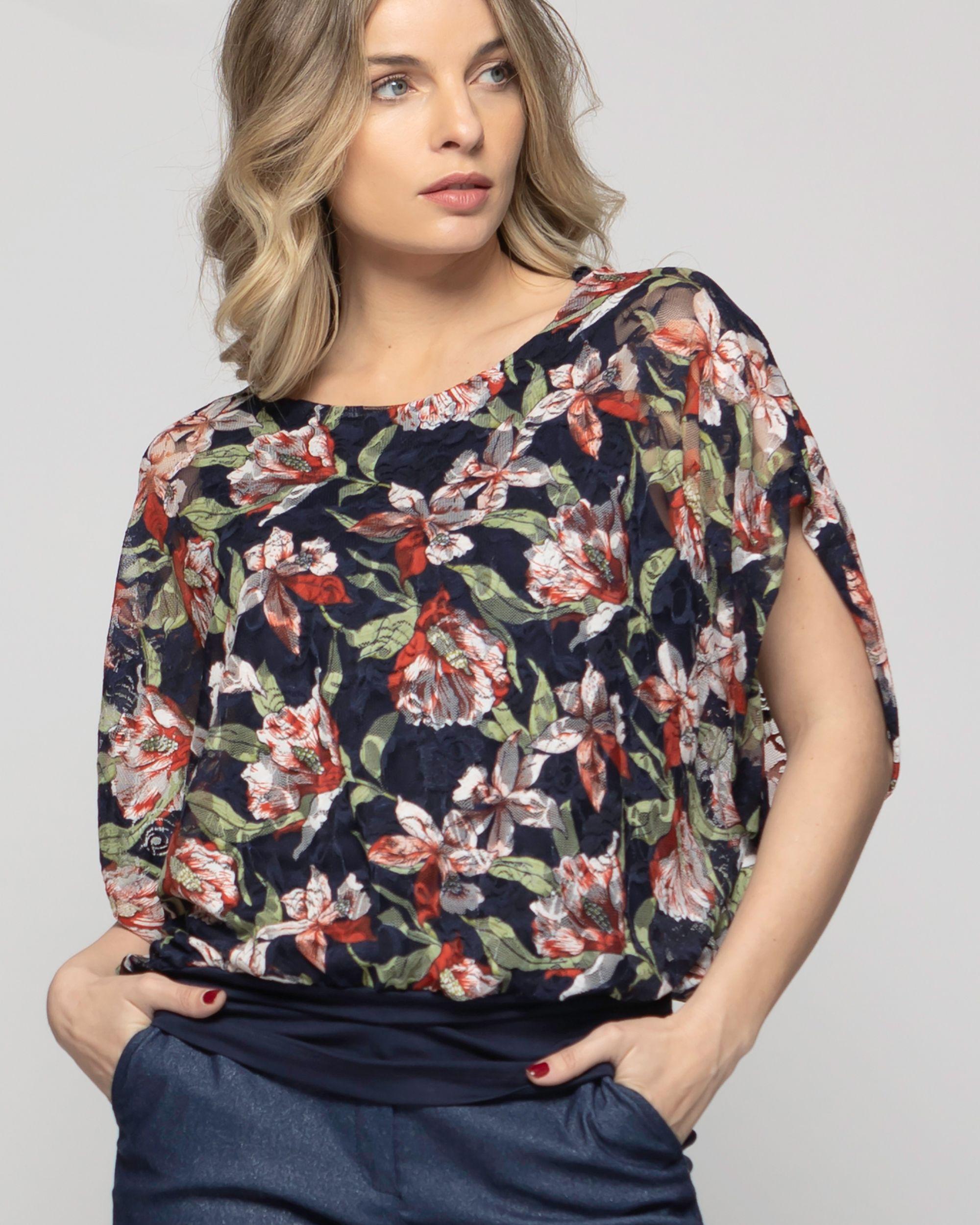 Polera Nigella Manga Caída Encaje Floral Azul Ludovica-7