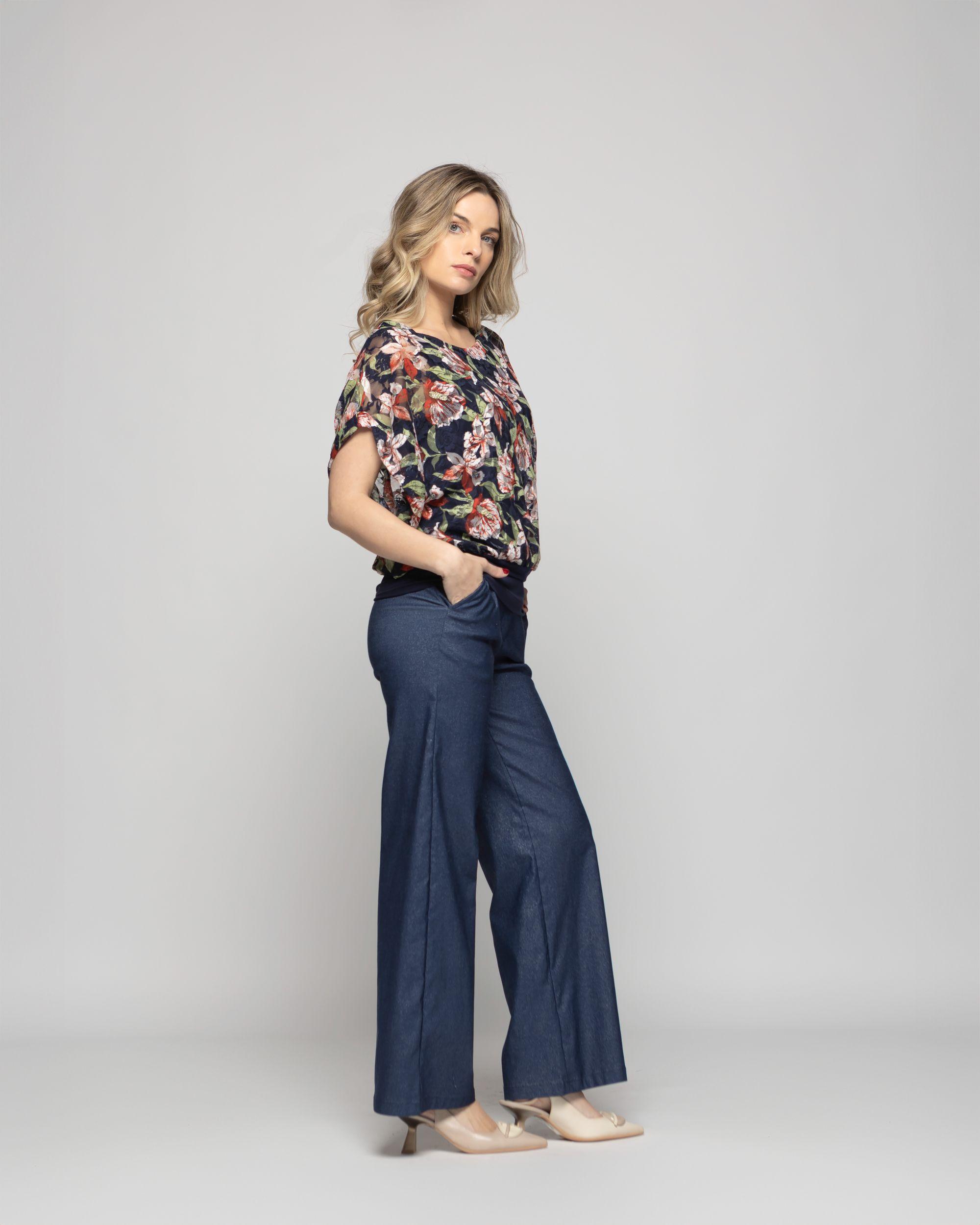 Polera Nigella Manga Caída Encaje Floral Azul Ludovica-9