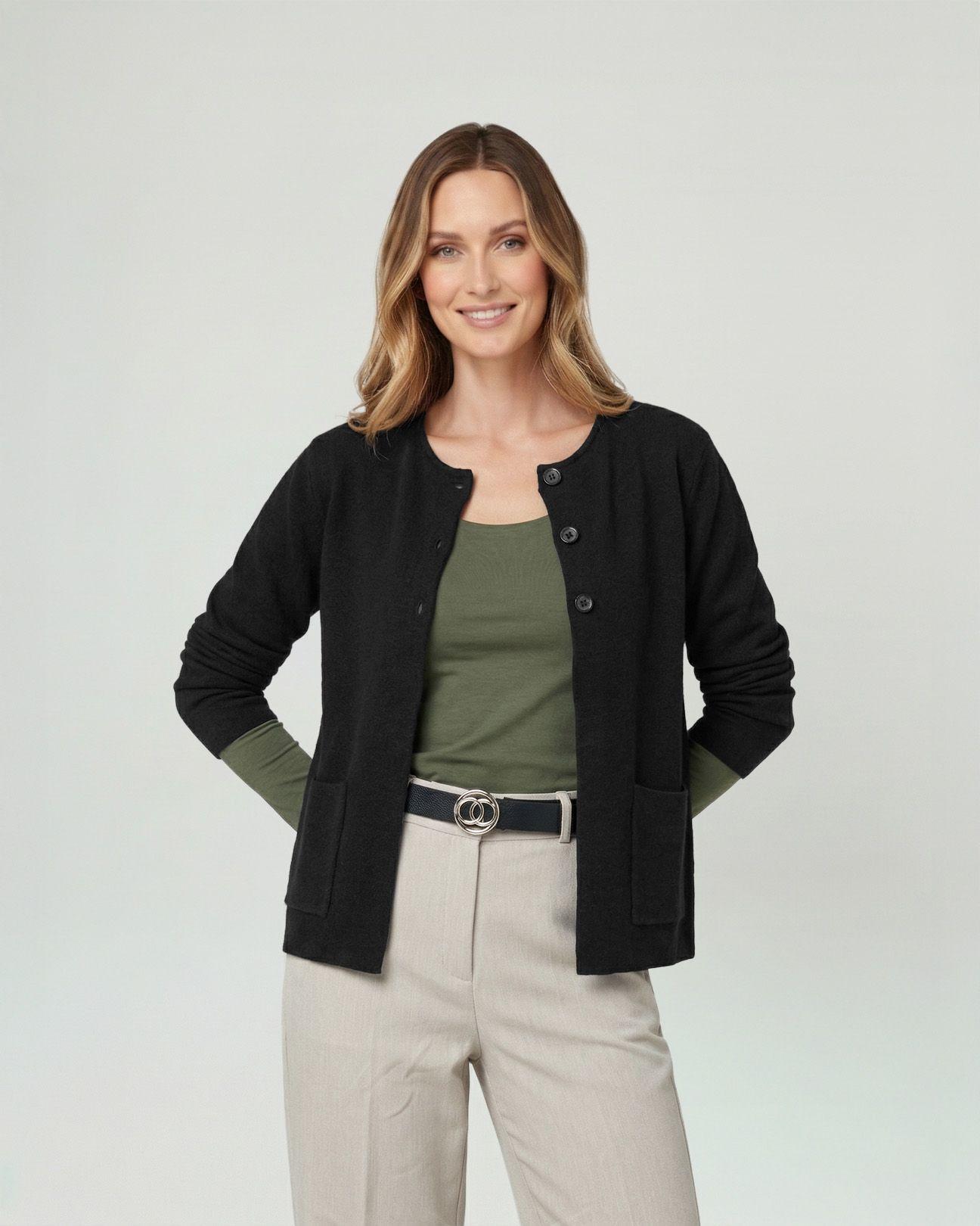 Cardigan Mujer Fiorella Relaxed Cuello Con Solapa Manga Suelta Negro Lineatre-0
