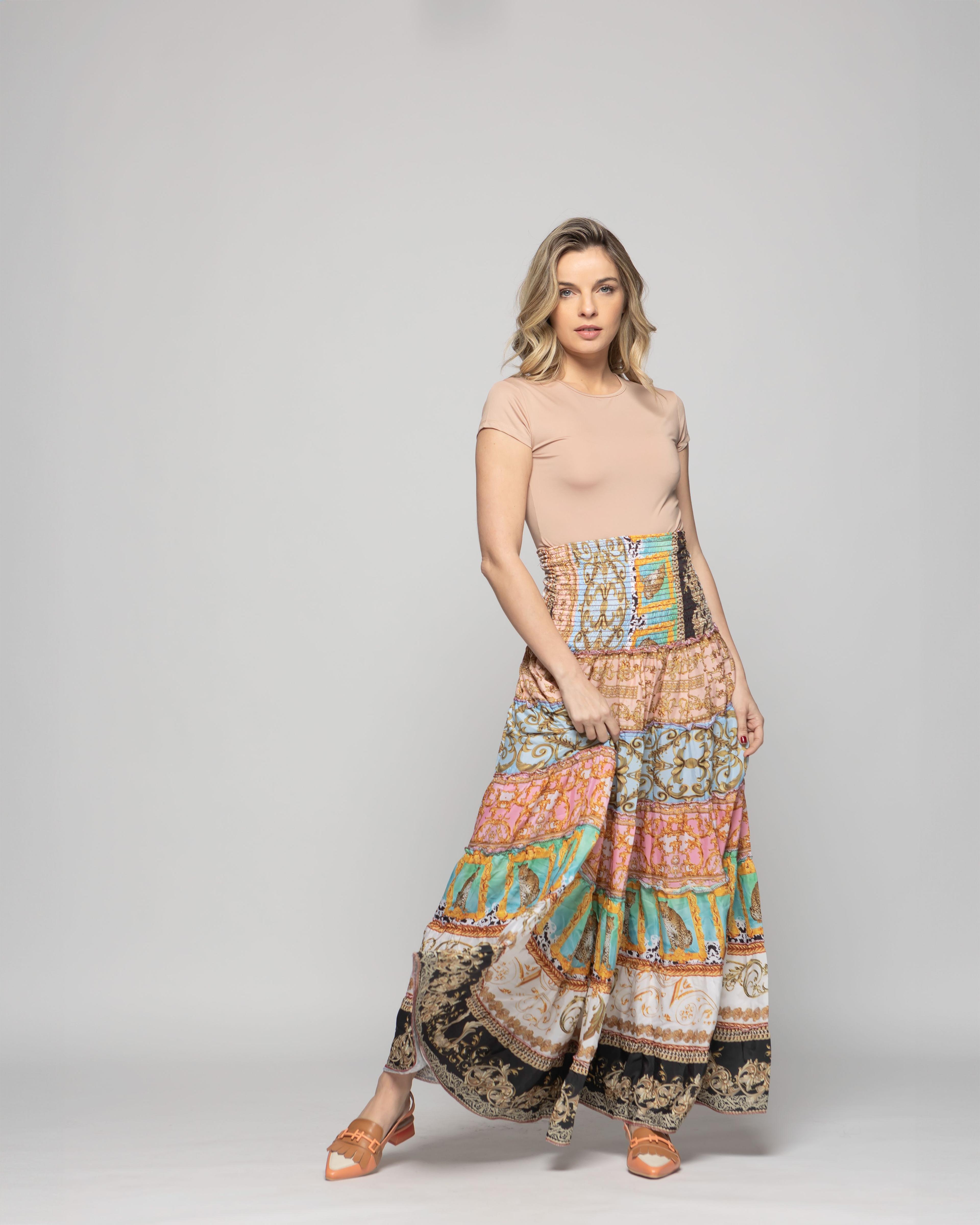Falda Vestido Mujer Estampado Patchwork Bohemio Multicolor Kalmia-5