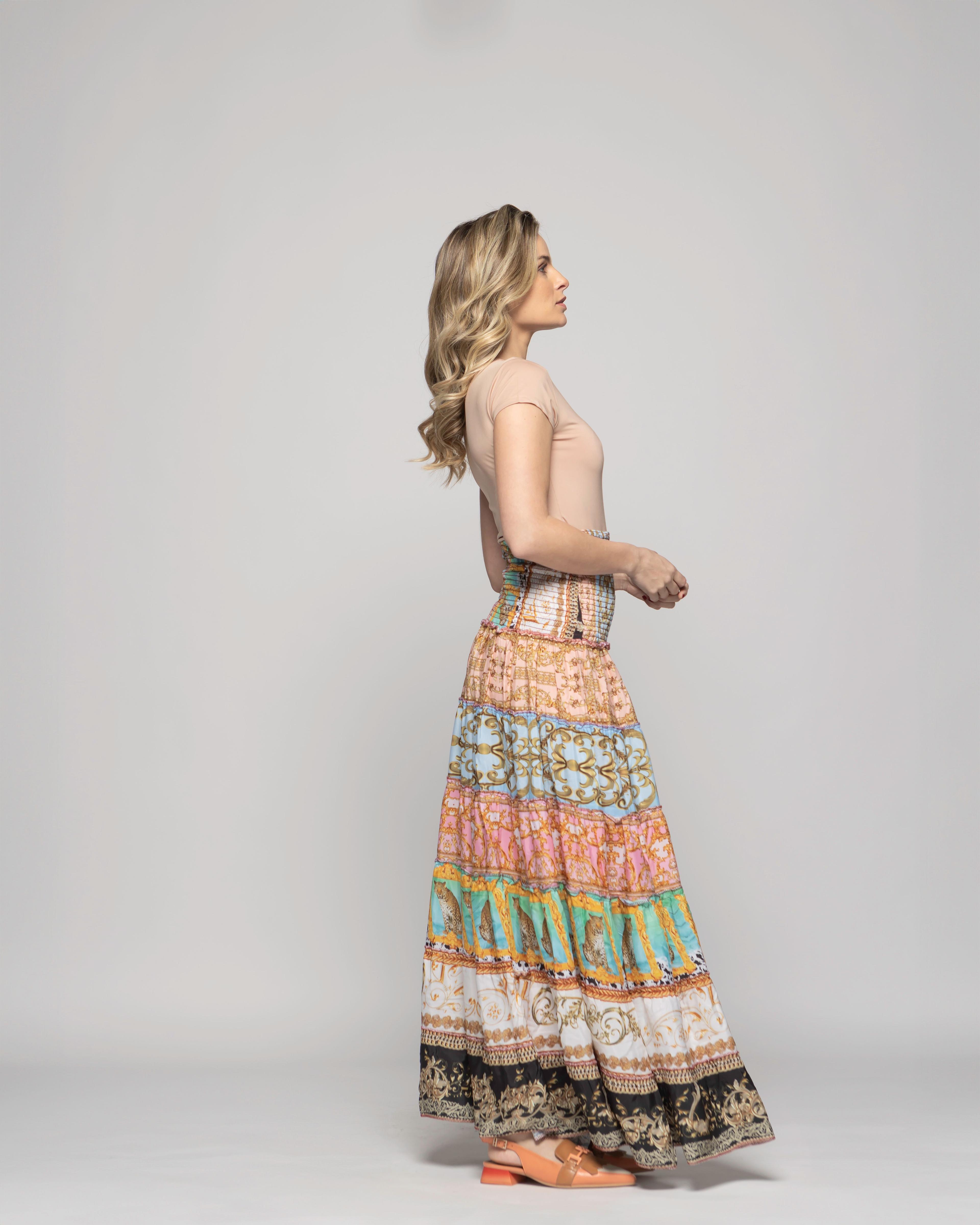 Falda Vestido Mujer Estampado Patchwork Bohemio Multicolor Kalmia-6