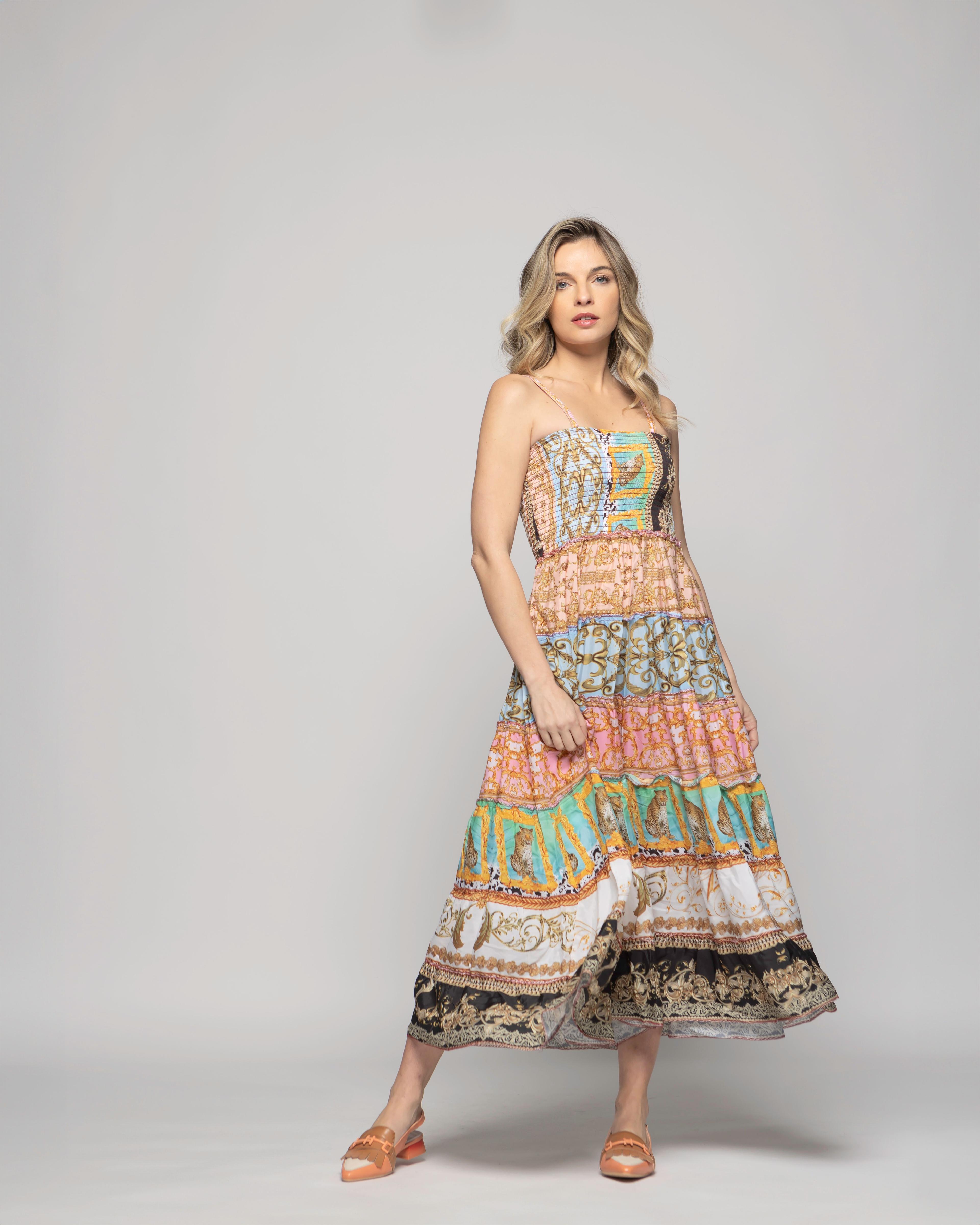 Falda Vestido Mujer Estampado Patchwork Bohemio Multicolor Kalmia-3