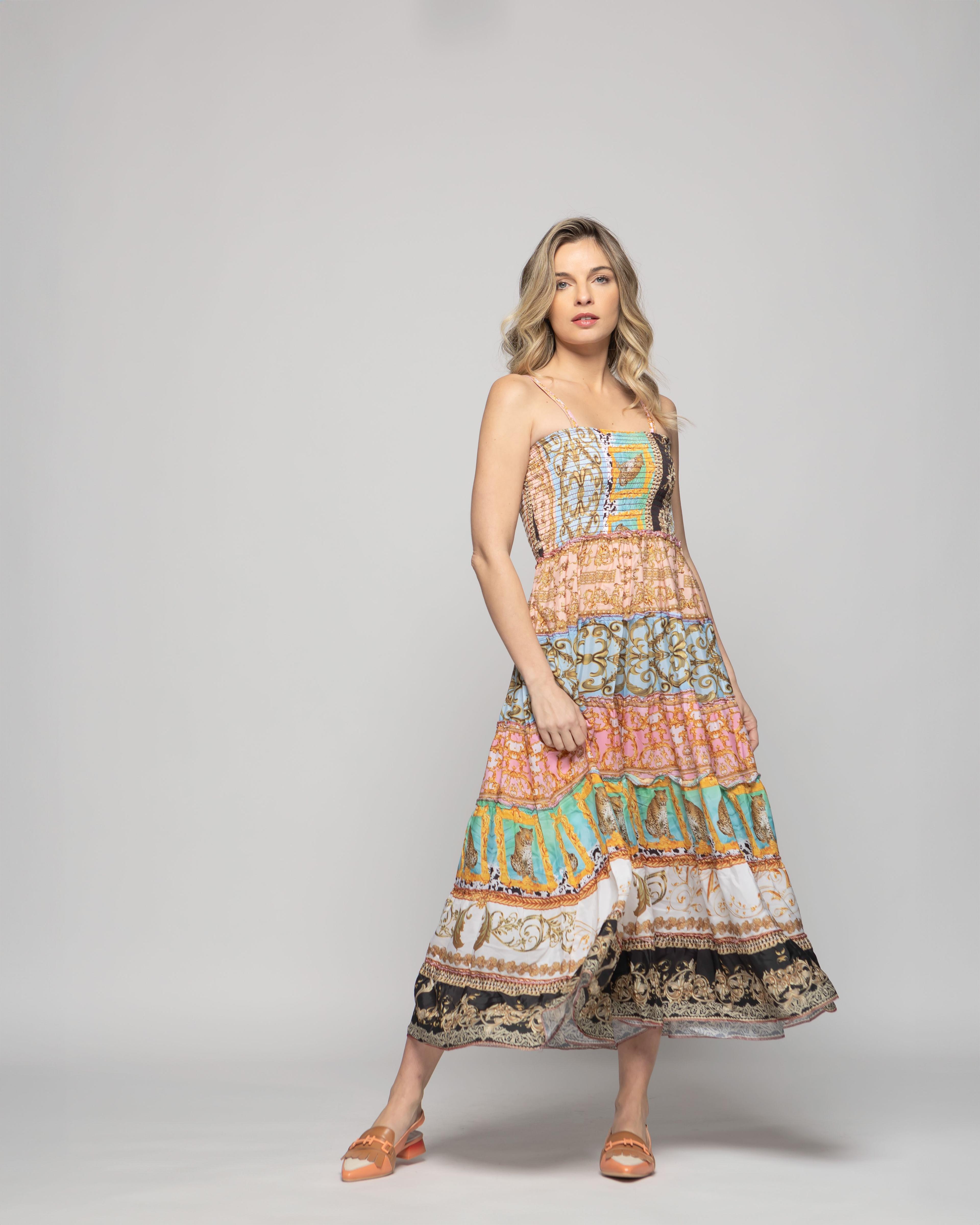 Falda Vestido Mujer Estampado Patchwork Bohemio Multicolor Kalmia-4