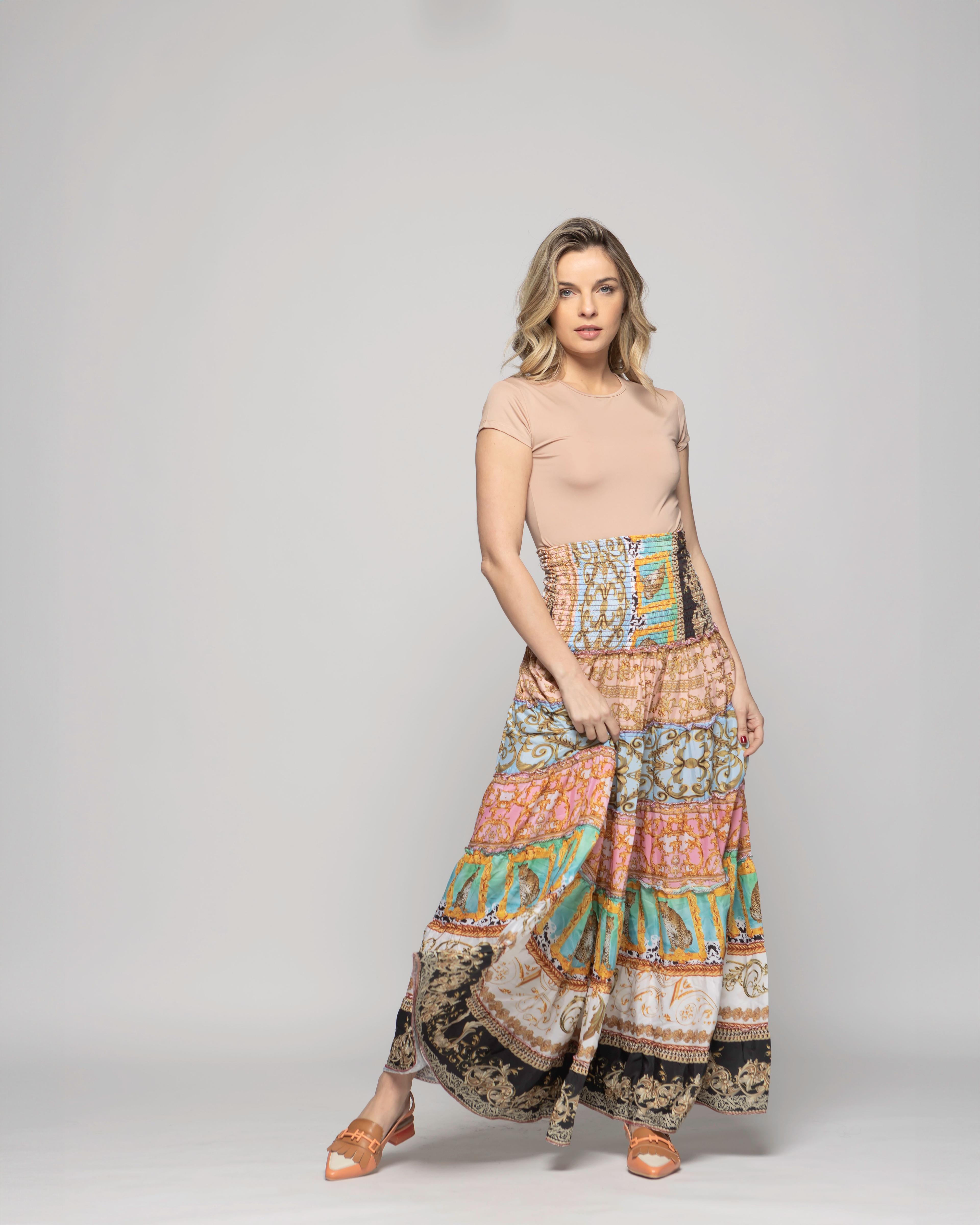 Falda Vestido Mujer Estampado Patchwork Bohemio Multicolor Kalmia-6