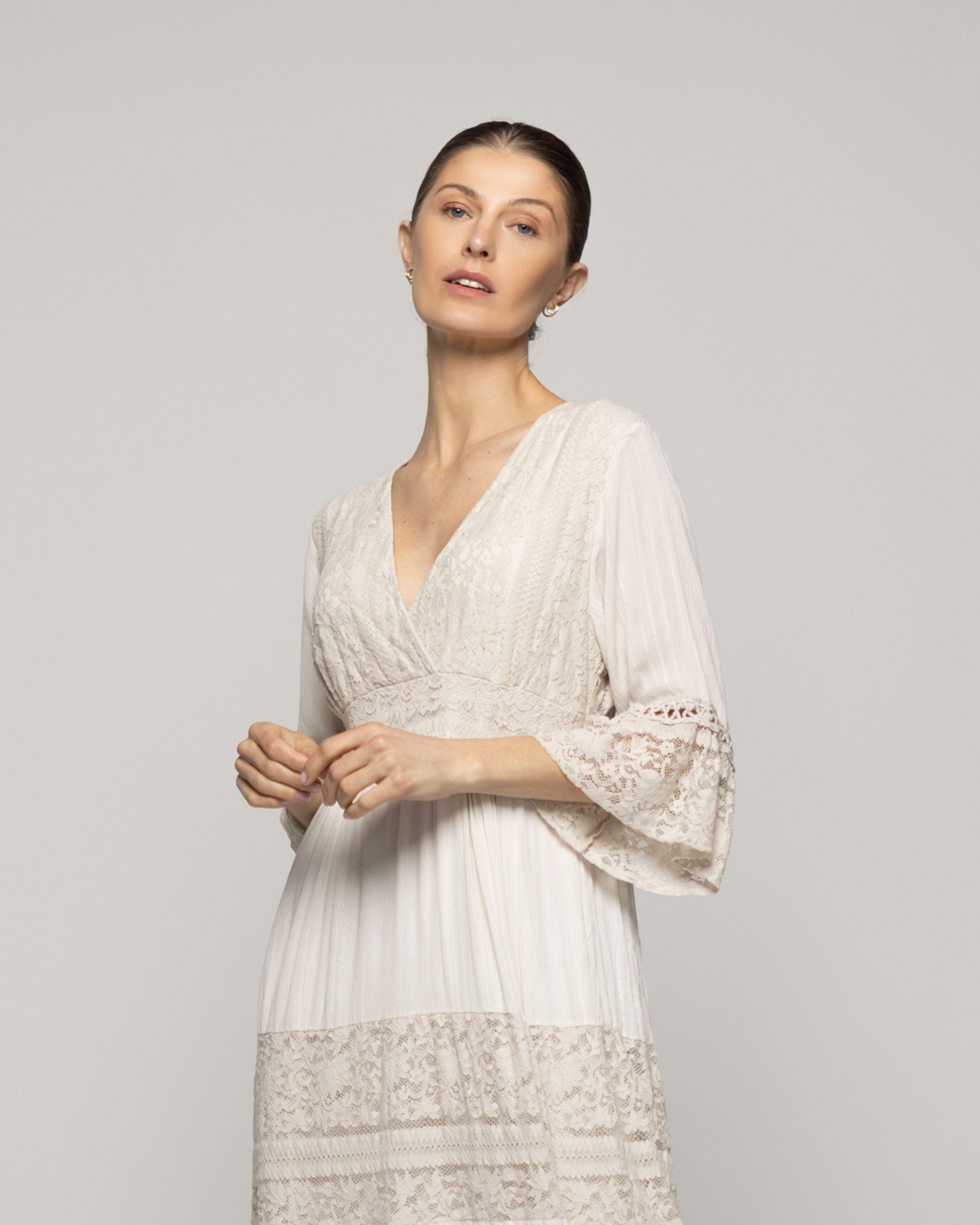 Vestido Mujer Largo Valentina Con Adornos De Encaje Beige Lineatre-0