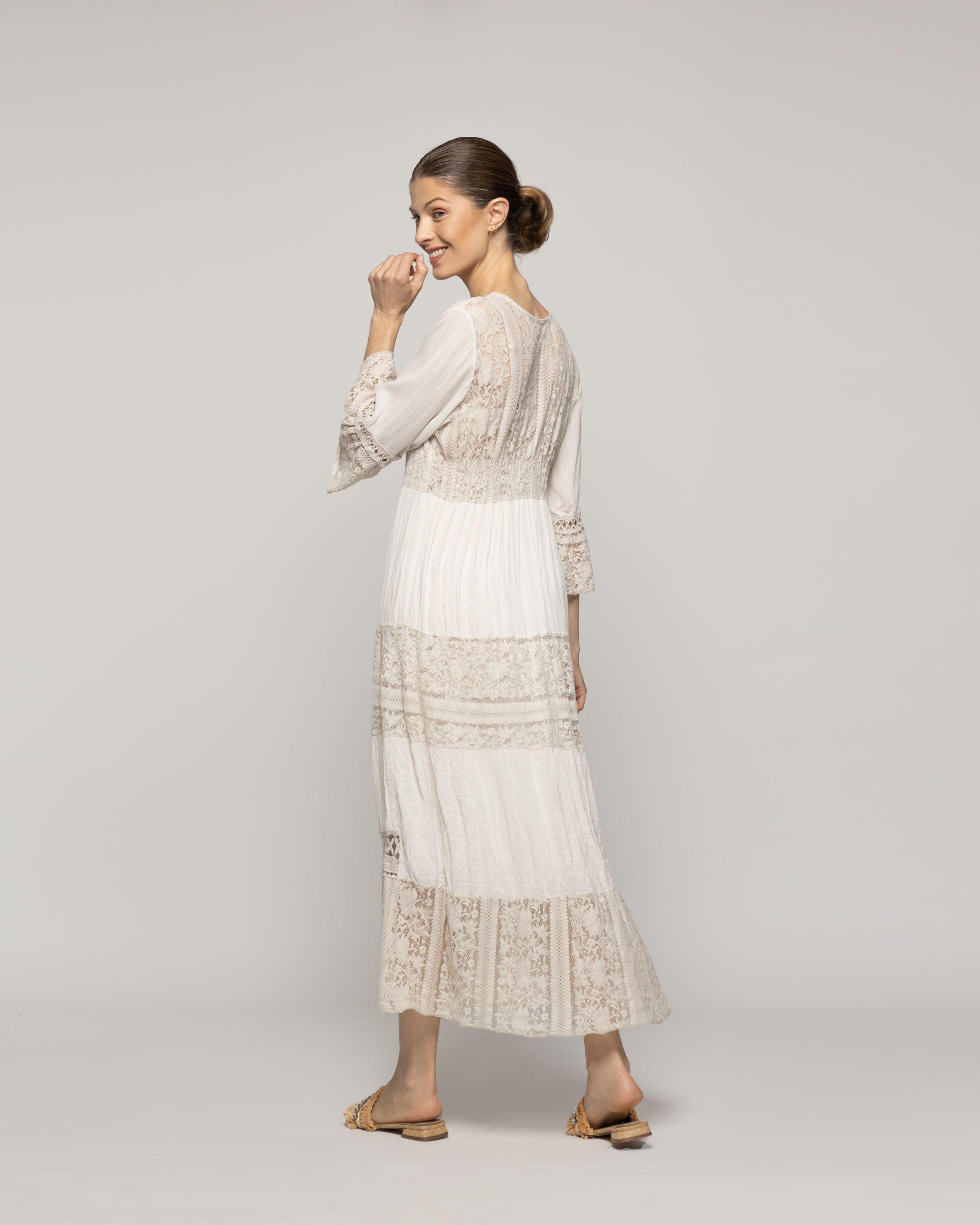 Vestido Mujer Largo Valentina Con Adornos De Encaje Beige Lineatre-2