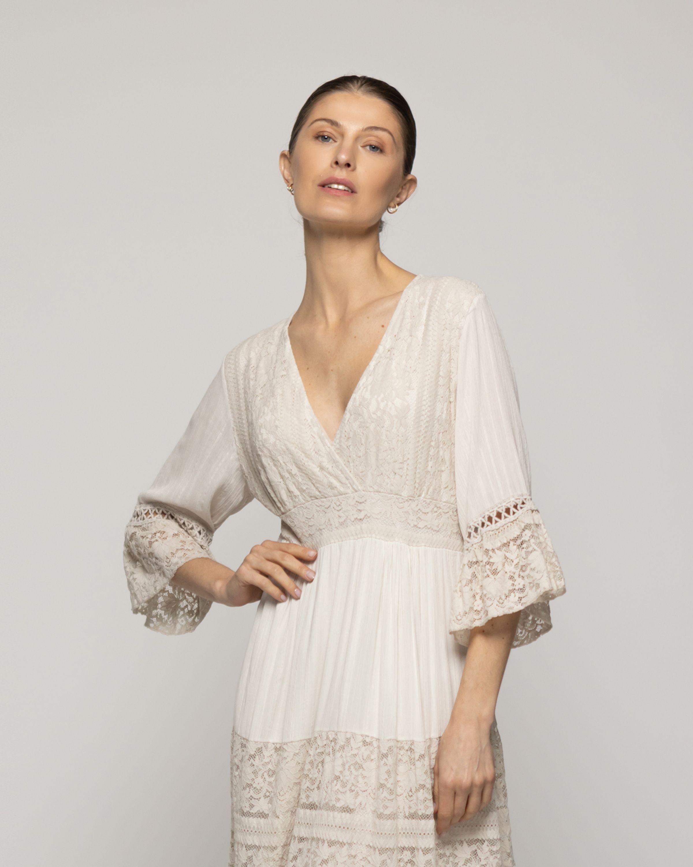 Vestido Mujer Largo Valentina Con Adornos De Encaje Beige Lineatre-3