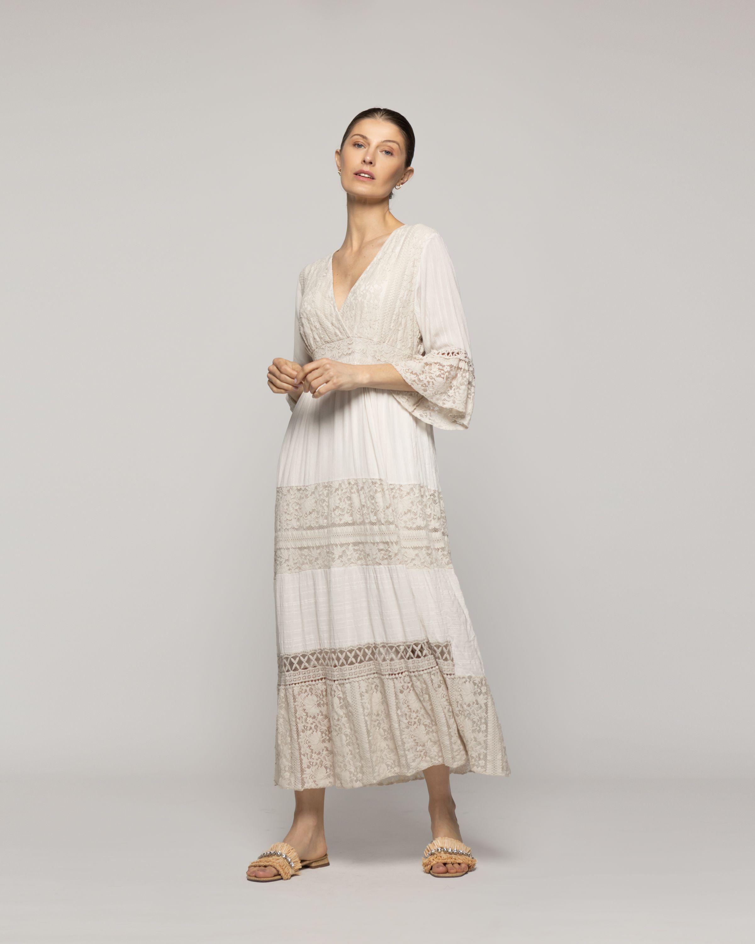 Vestido Mujer Largo Valentina Con Adornos De Encaje Beige Lineatre-4