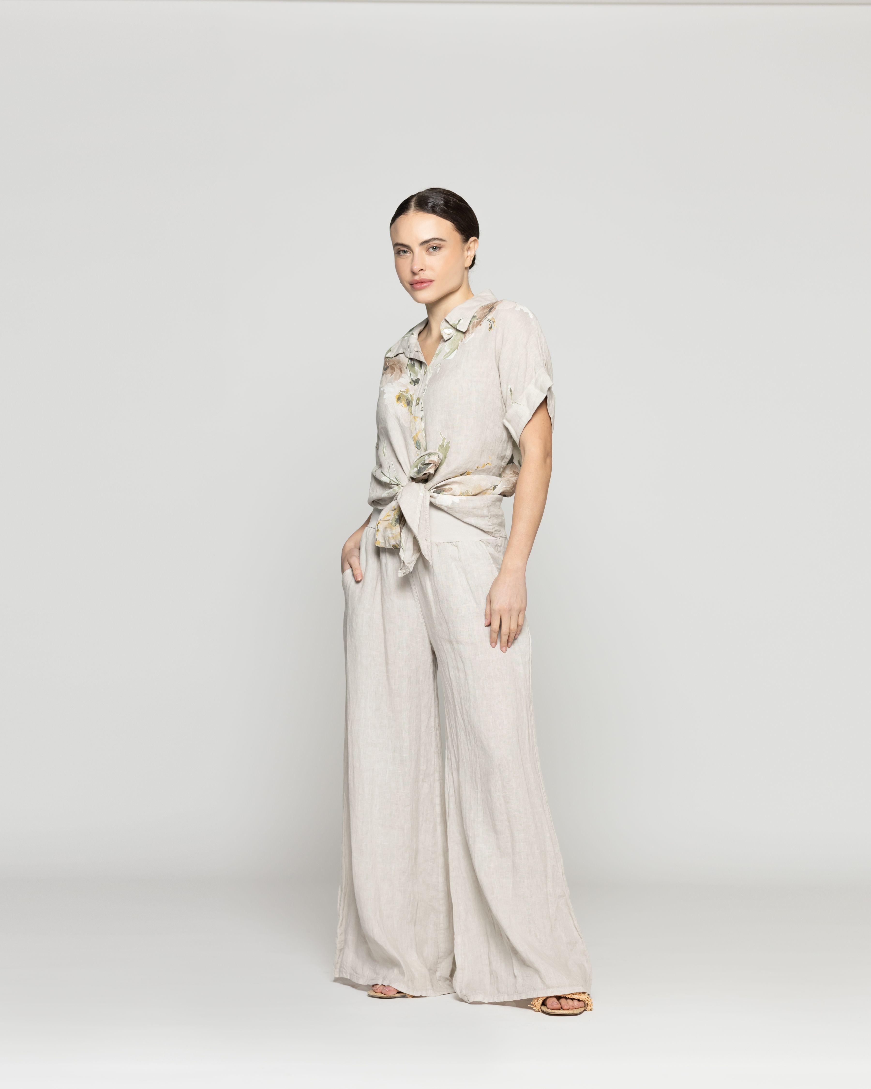 Blusa Mujer Bonnie de Lino Con Estampado de Flores Beige Lineatre-4
