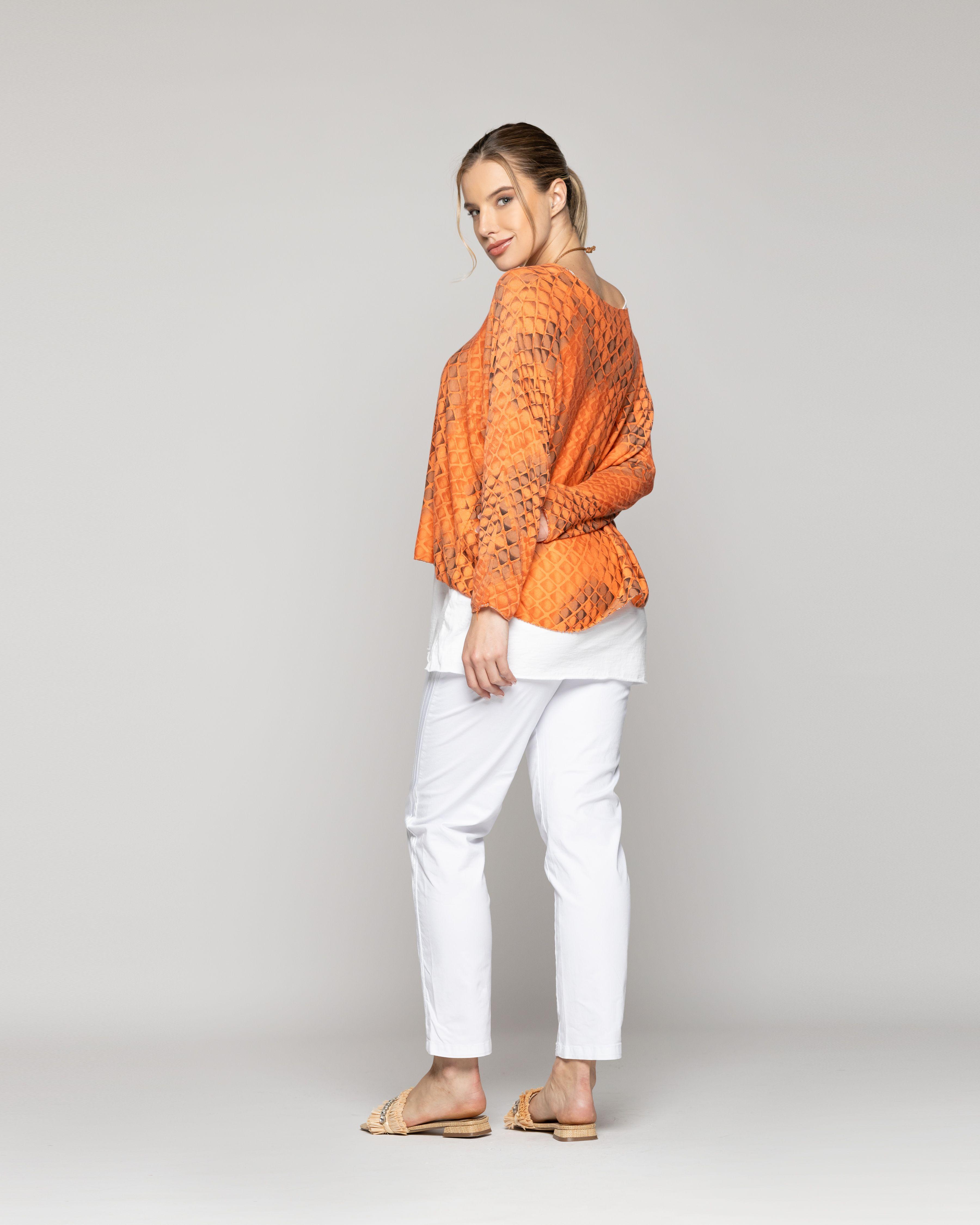 Polera Mujer Oriana Trama Geométrica Naranja Lineatre-3