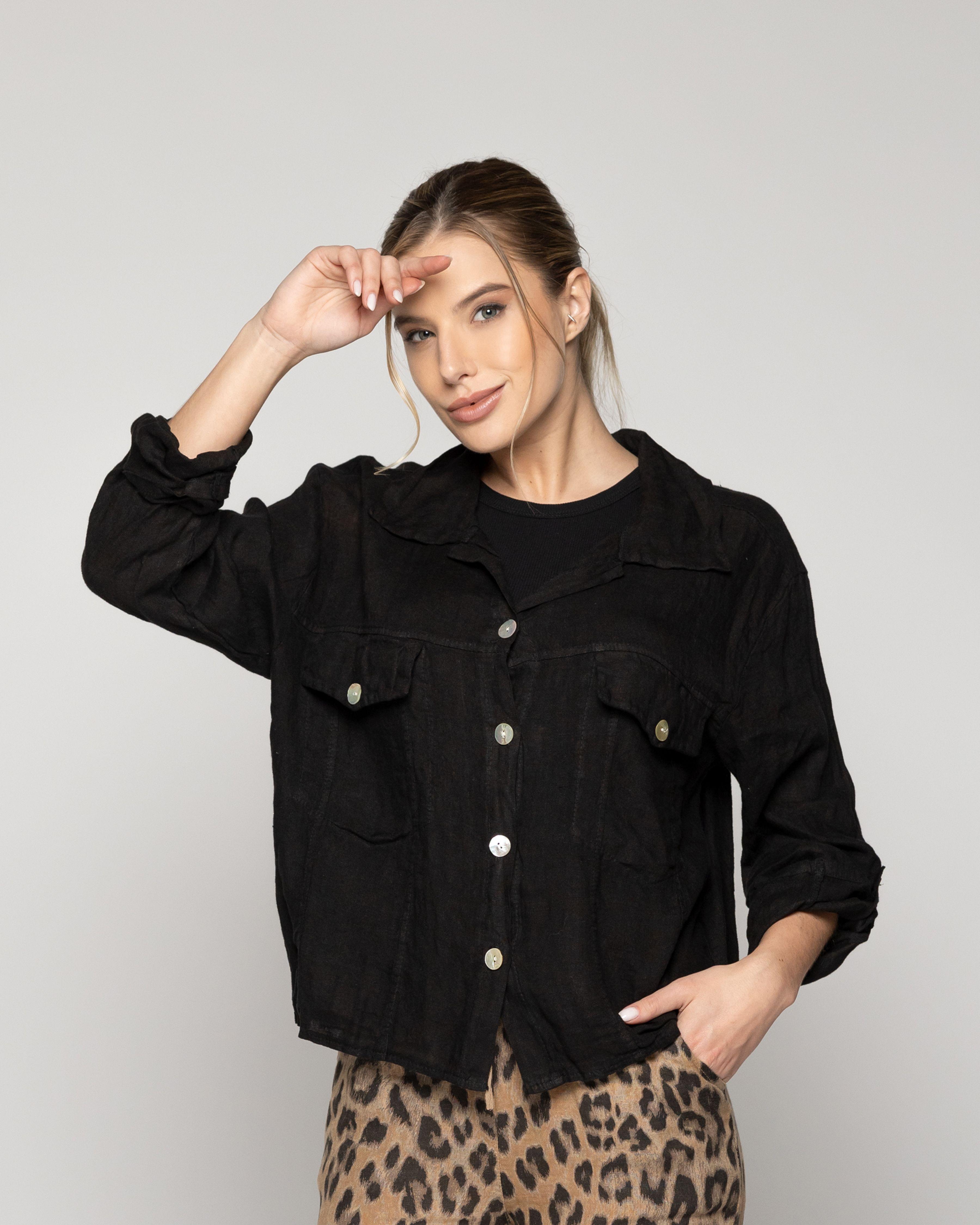 Chaqueta Mujer Chiara De Lino Con Bolsillos Negra Lineatre-0