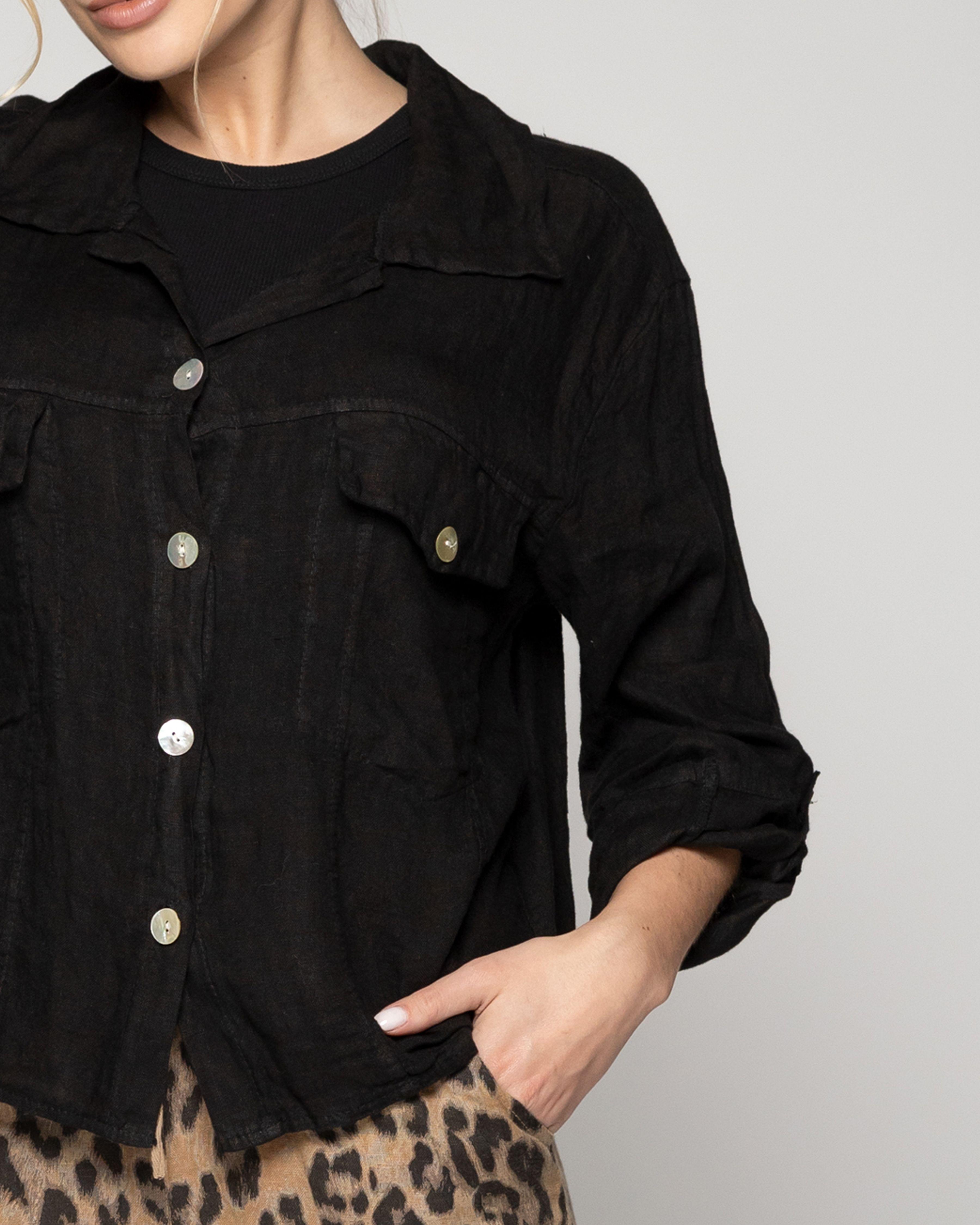 Chaqueta Mujer Chiara De Lino Con Bolsillos Negra Lineatre-3