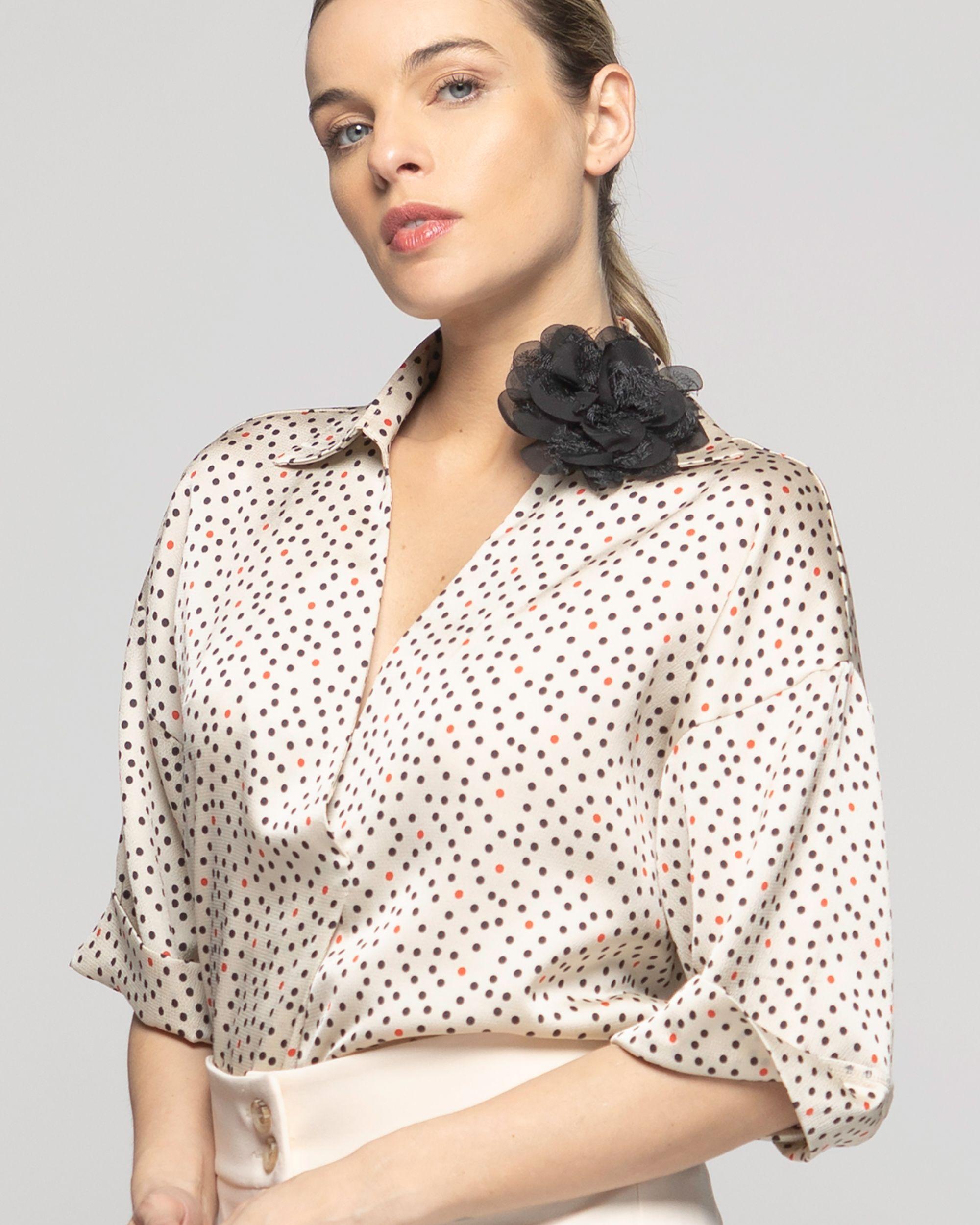 Blusa Mujer Boronia Escote V Estampado Lunares Colores Beige Ludovica-7