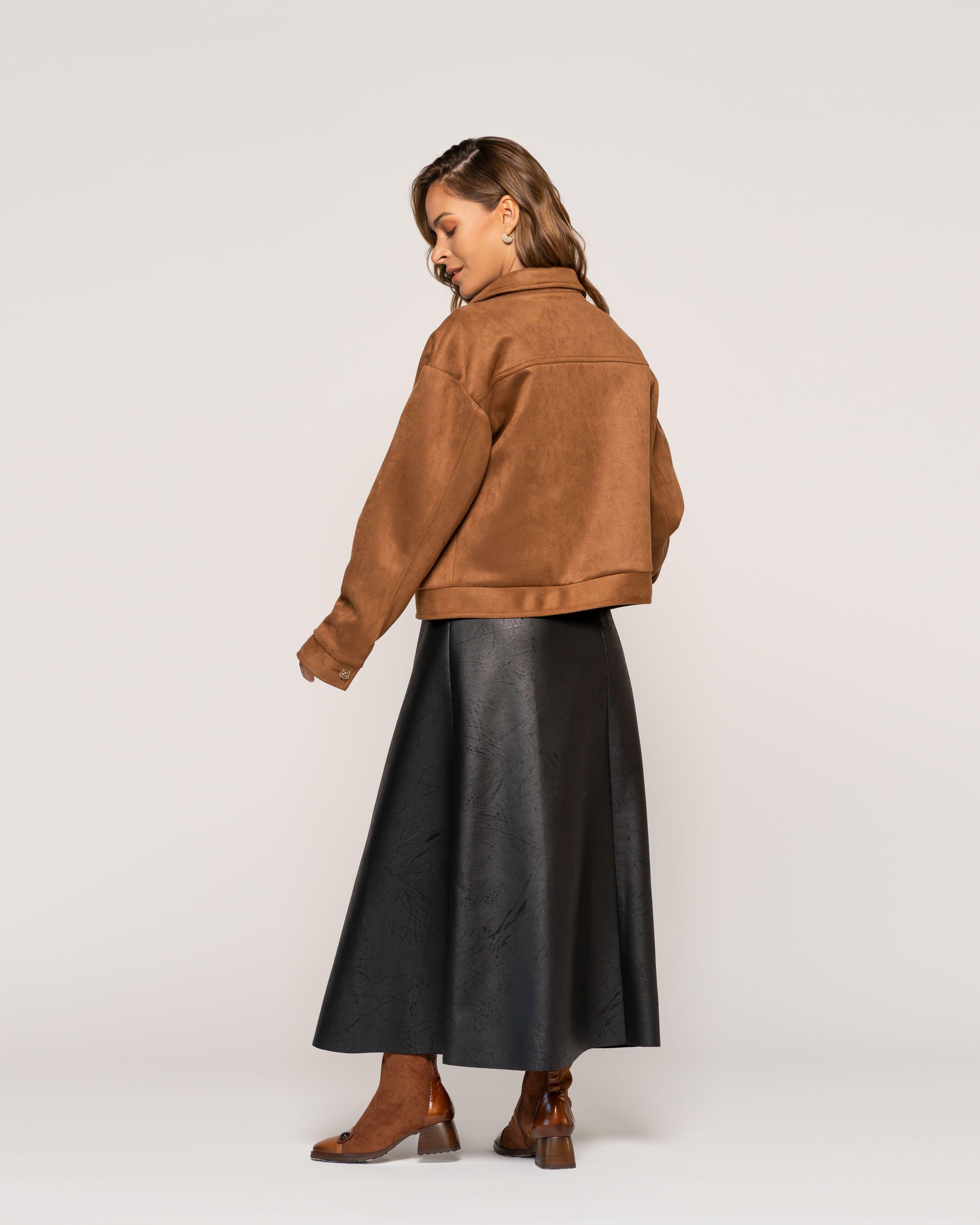 Casaca Camel Efecto Gamuza Cuello Camisero Recto Ludovica-2