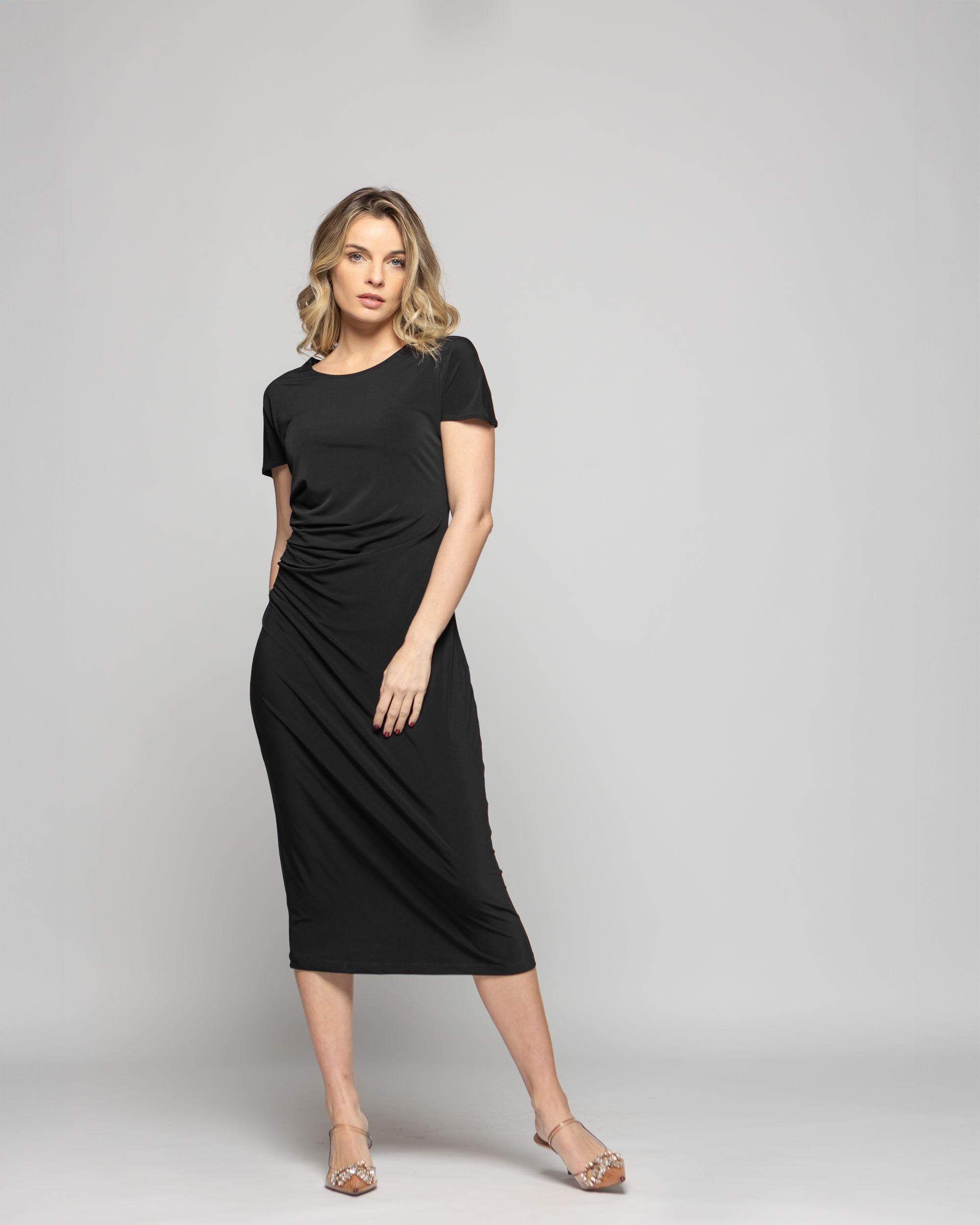 Vestido Mujer Alelí Midi Manga Corta Drapeado En Cintura Negro Ludovica-9