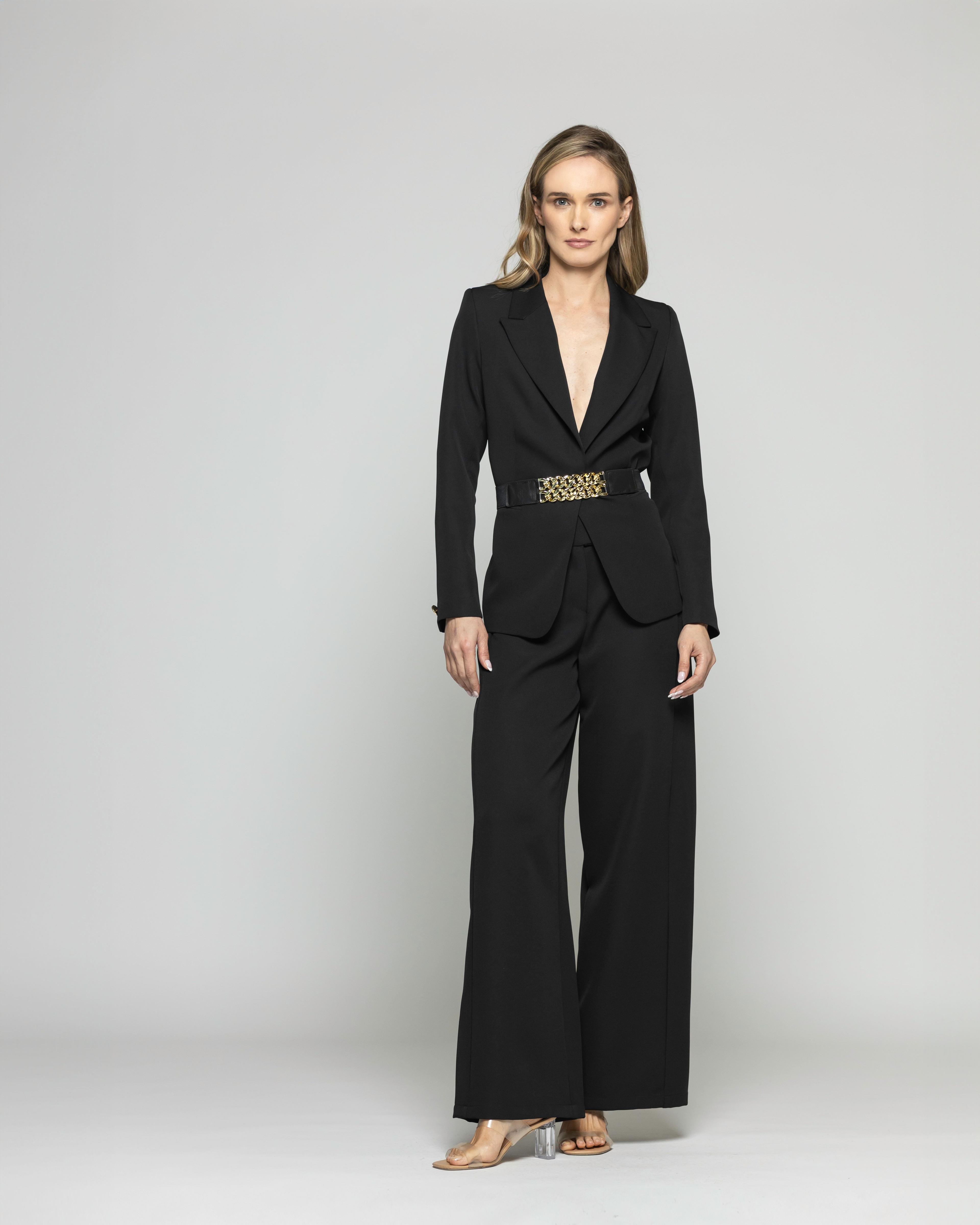 Blazer Mujer Hibisco Clásico Con Cinturón Negro Ludovica-0