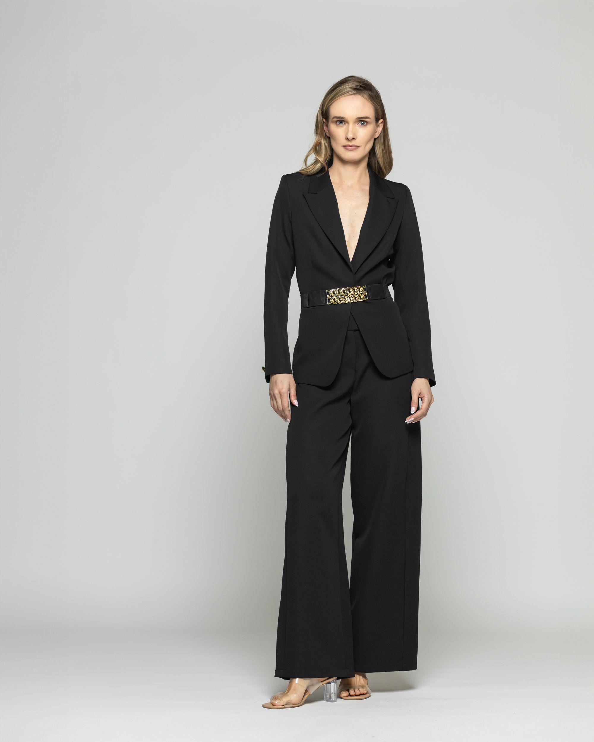 Blazer Mujer Hibisco Clásico Con Cinturón Negro Ludovica-1