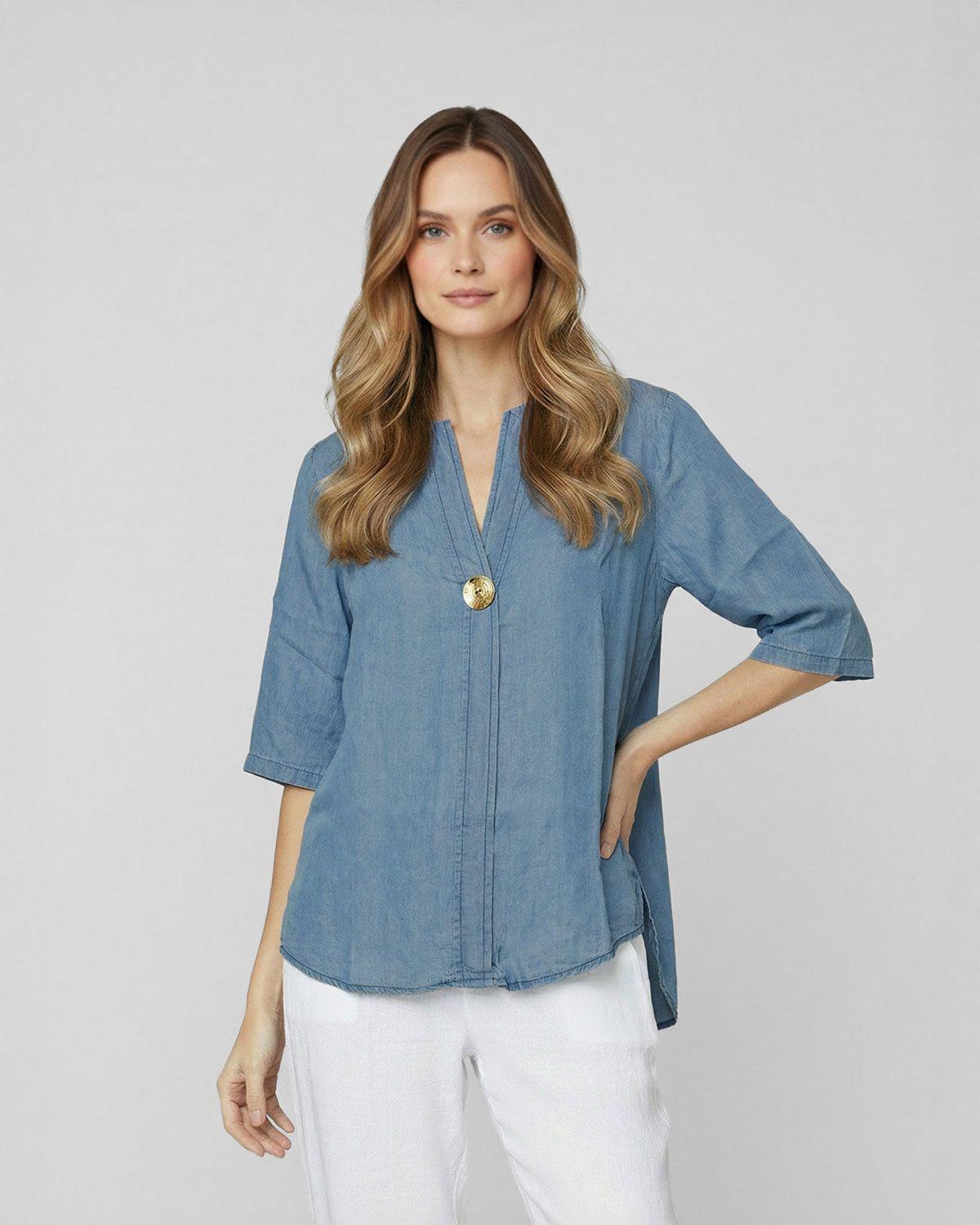 Blusa Mujer Flavia Overside Cuello en V Manga 3/4 Jeans Lineatre-1