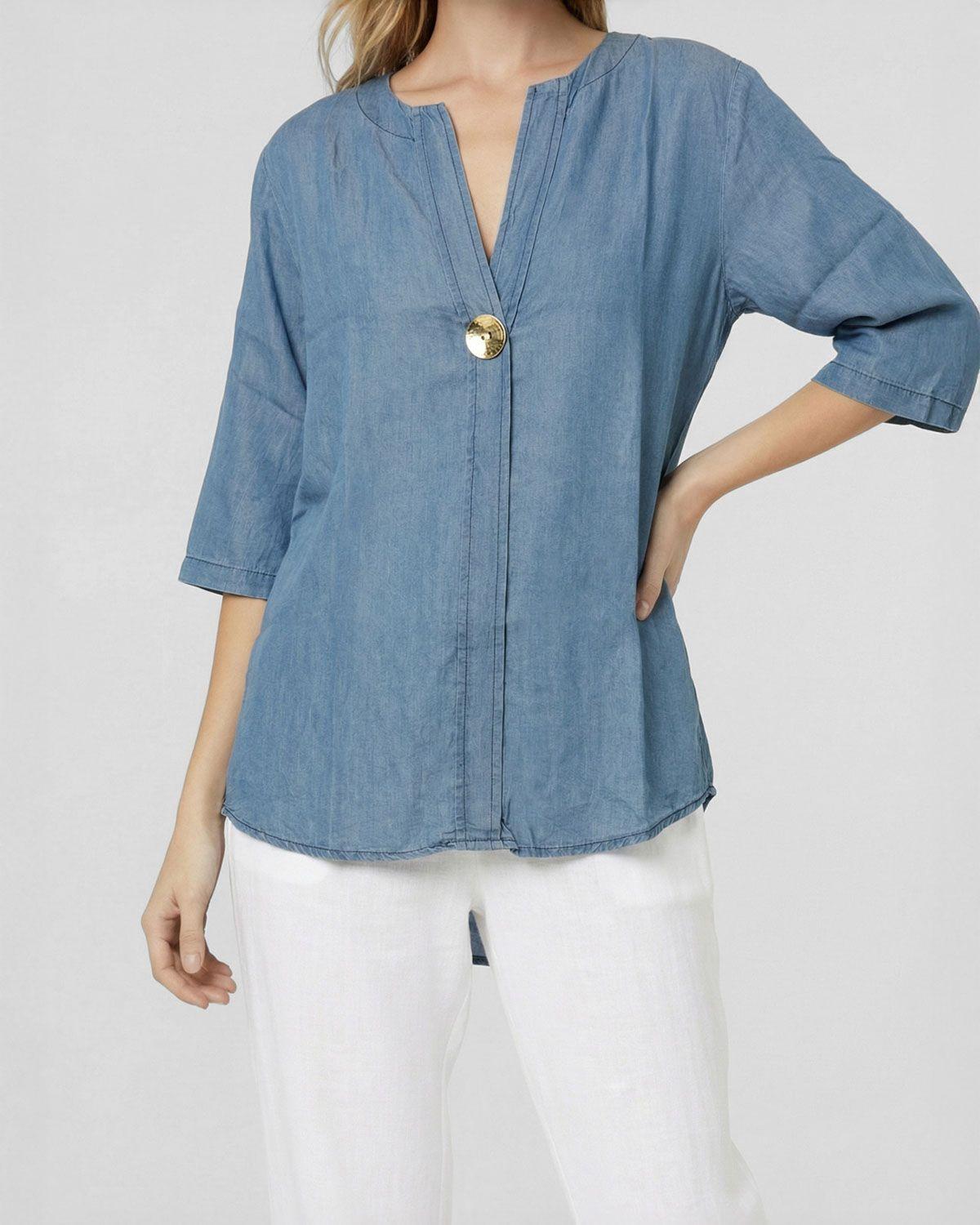 Blusa Mujer Flavia Overside Cuello en V Manga 3/4 Jeans Lineatre-3